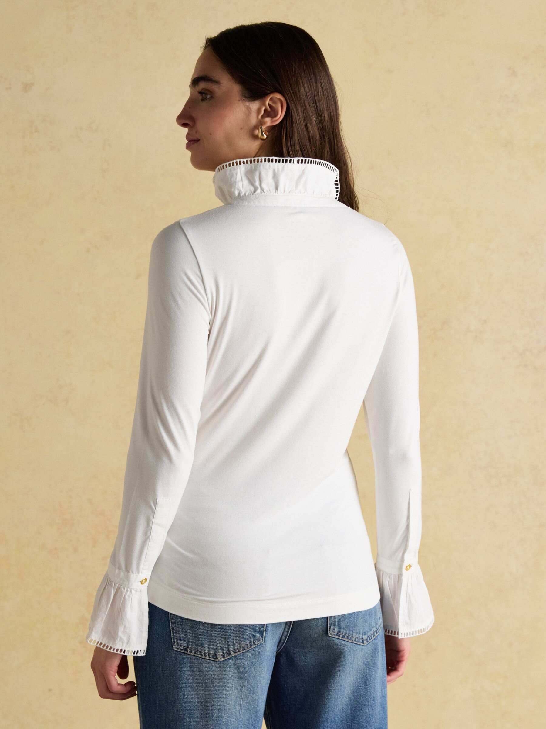 Kate White Long Sleeve Frilled Neck Top