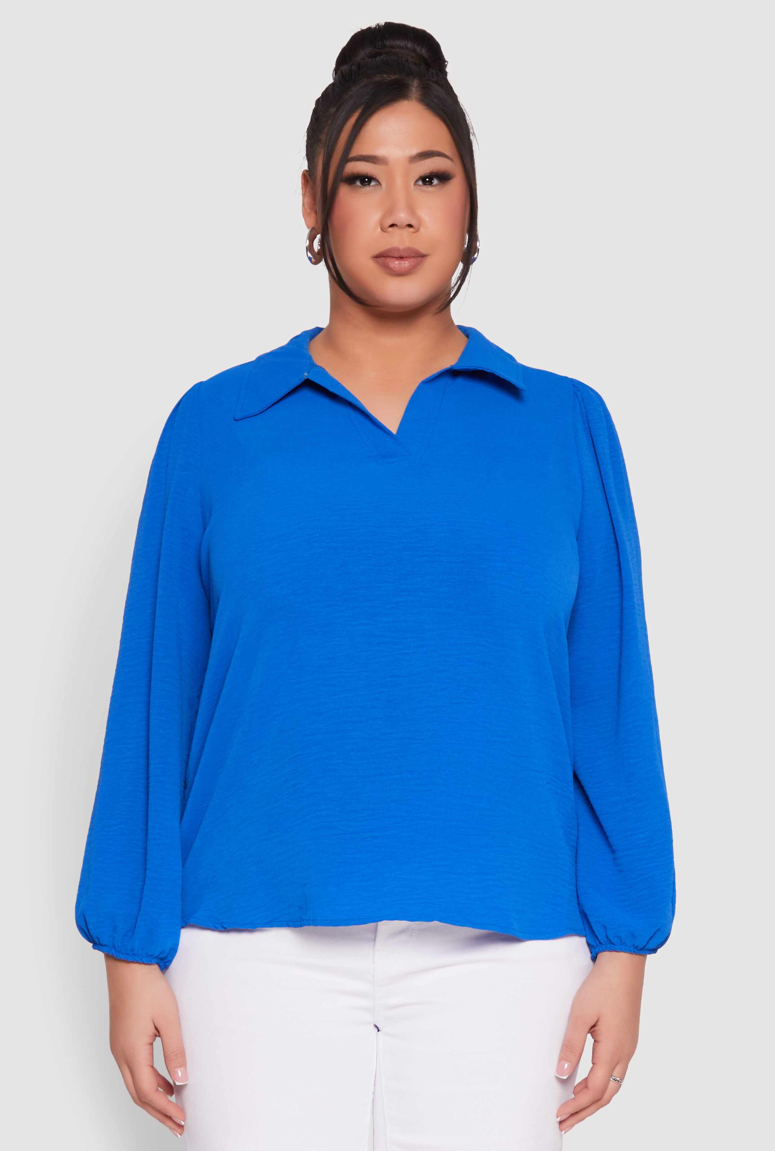 Plus Size Airy Johnny Collar Long Sleeve Top