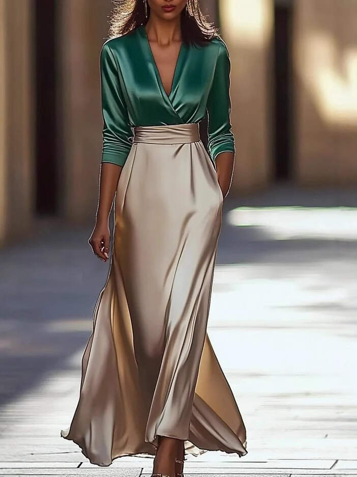 Satin Long Sleeve Top Elegant Skirt Set