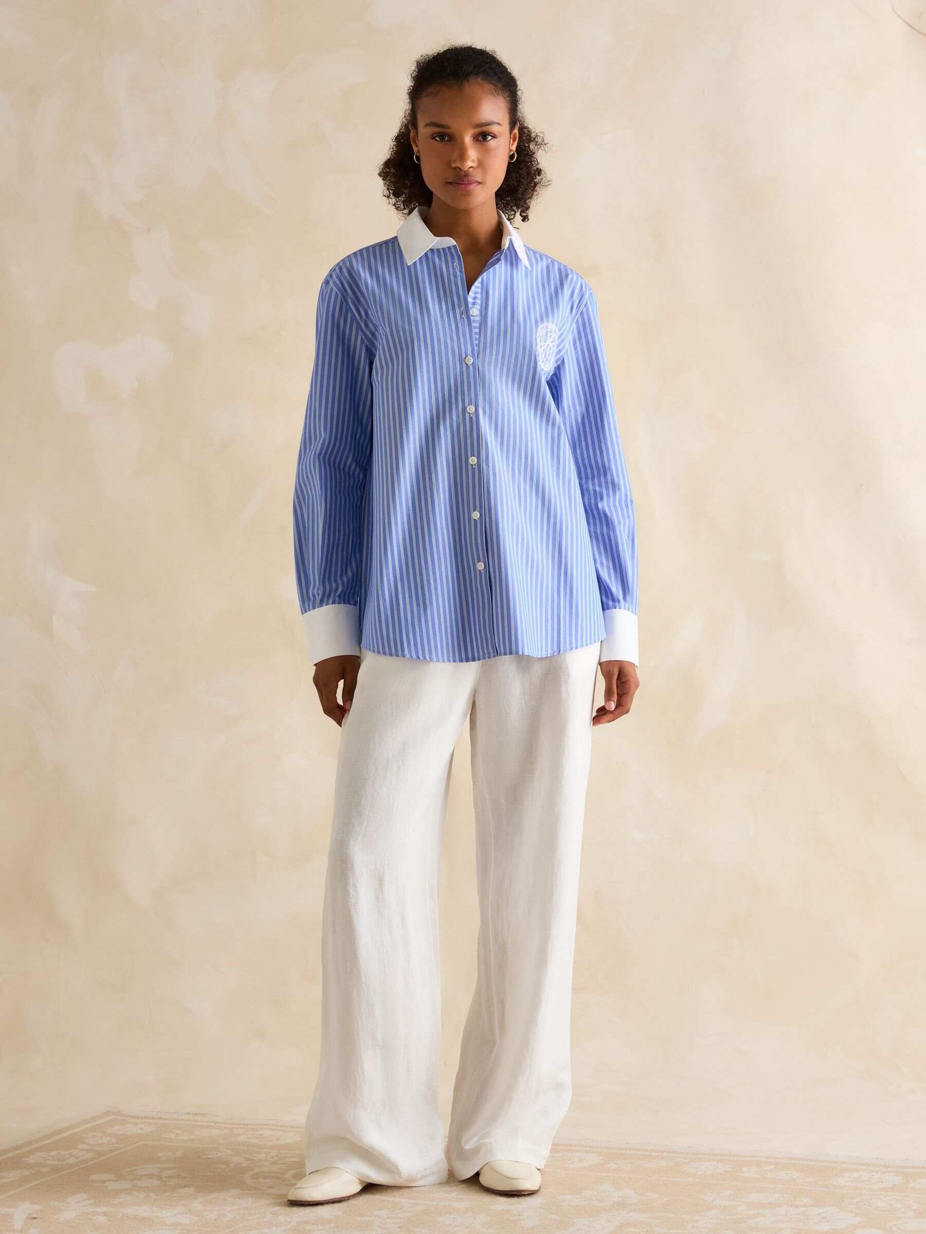 Amilla Blue & White Embroidery Longline Relaxed Fit Shirt
