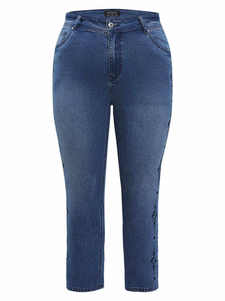 Very Stretchy Medium Wash Geometric Embroidered Jeans