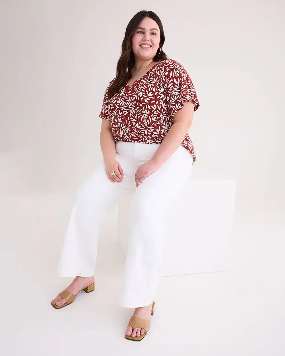 V-Neck Knit Top with Crochet Insert