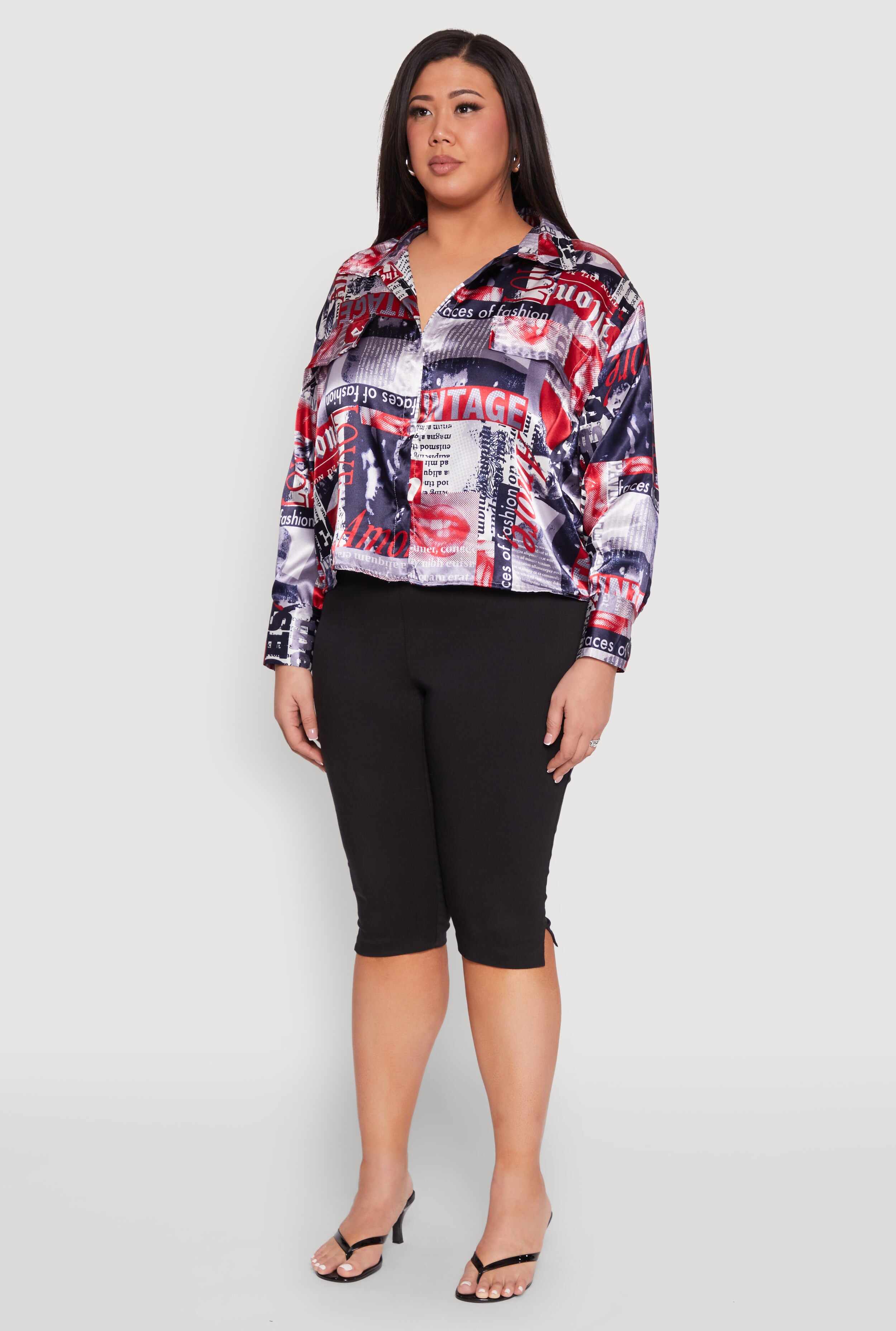 Plus Size Newspaper Print Satin Shirt