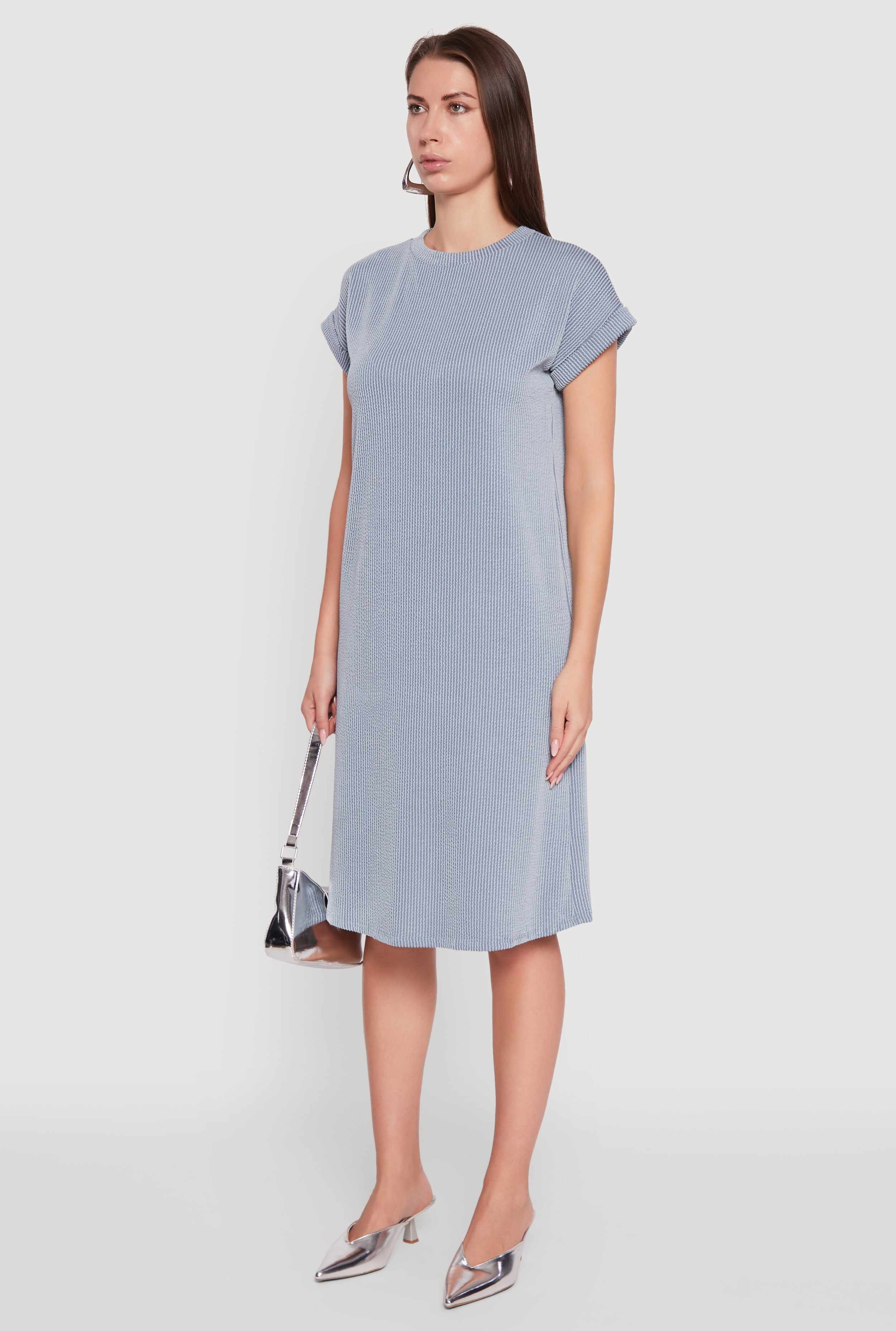 Rib Knit Shadow Stripe Fixed Cuff T-Shirt Dress