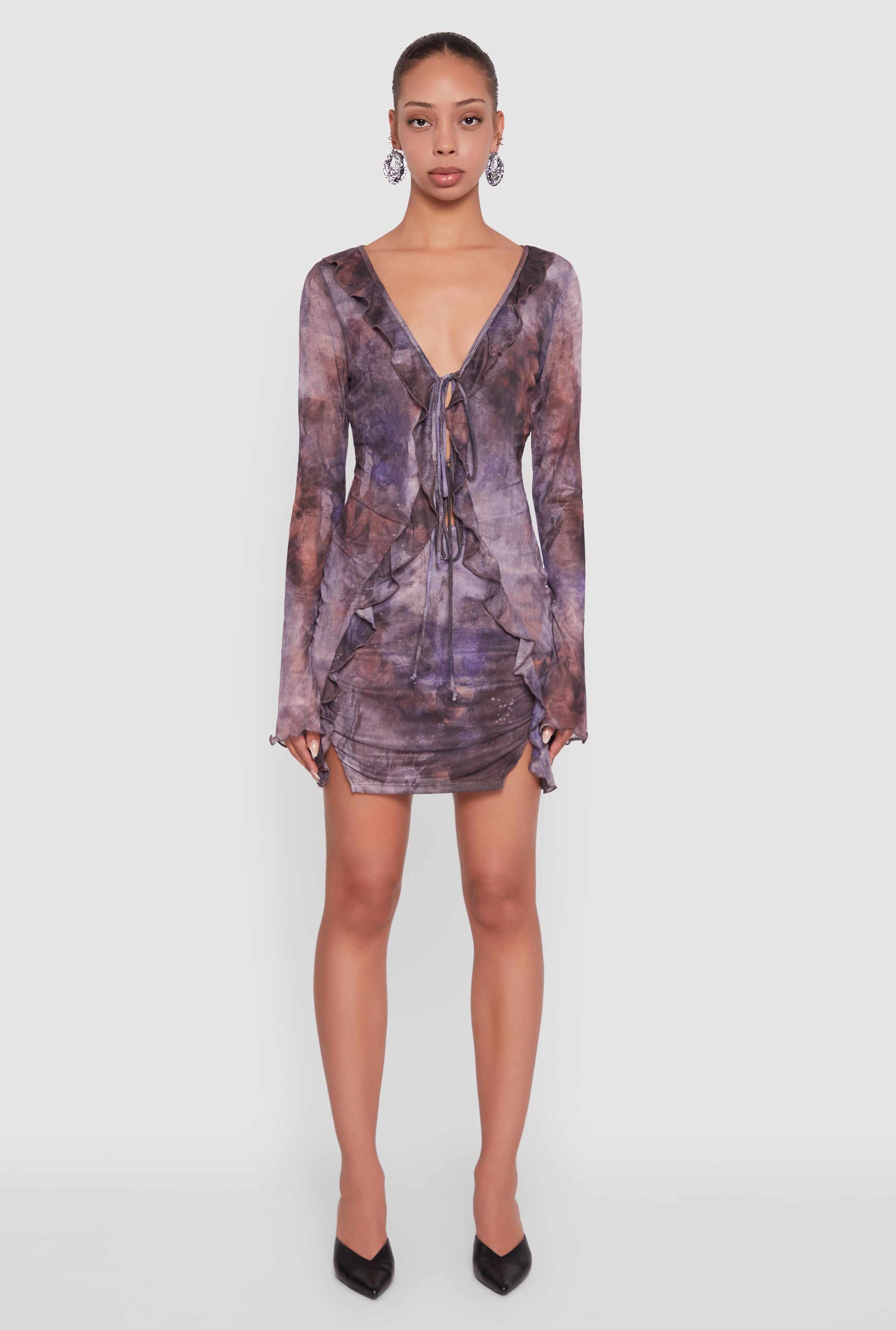 Ruffle Mesh Tie Front Bodycon Dress