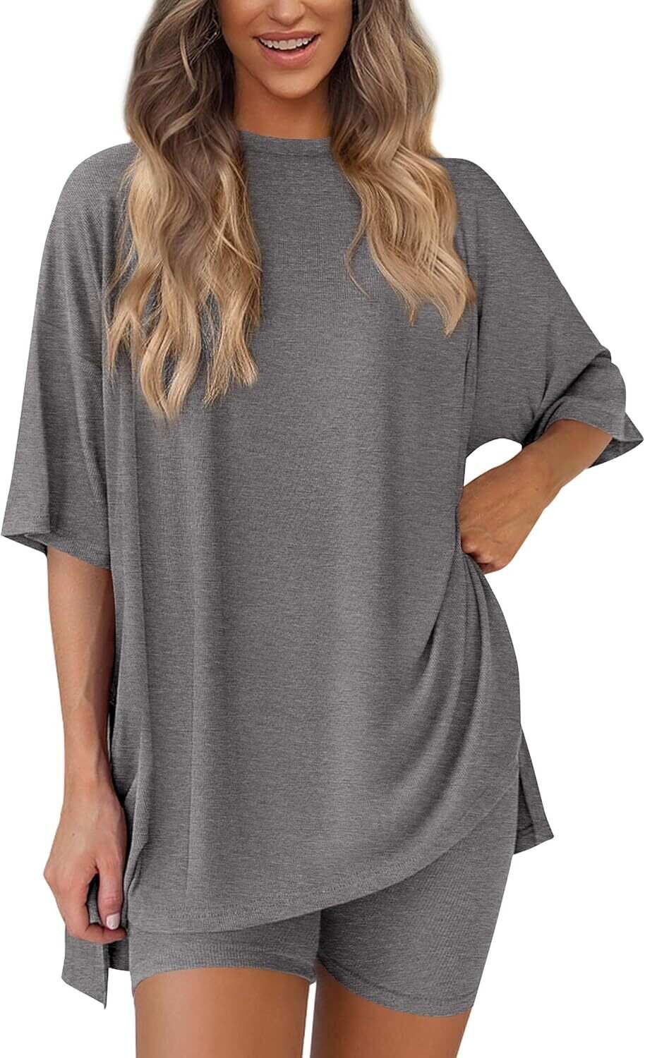 🔥Flash sale🔥Women's Two Piece Lounge Set 2026 Summer Casual Oversized Shirts  Biker Shorts Matching Airport Travel Outfit