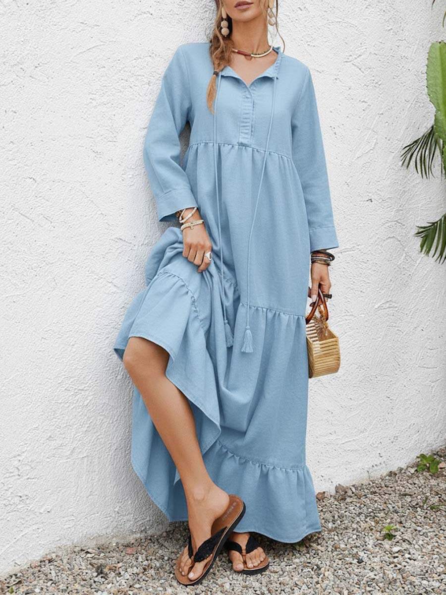 🔥Summer Arrivals🌟Women's Solid Color Round Neck Long Sleeve Casual Loose Cotton Linen Dress
