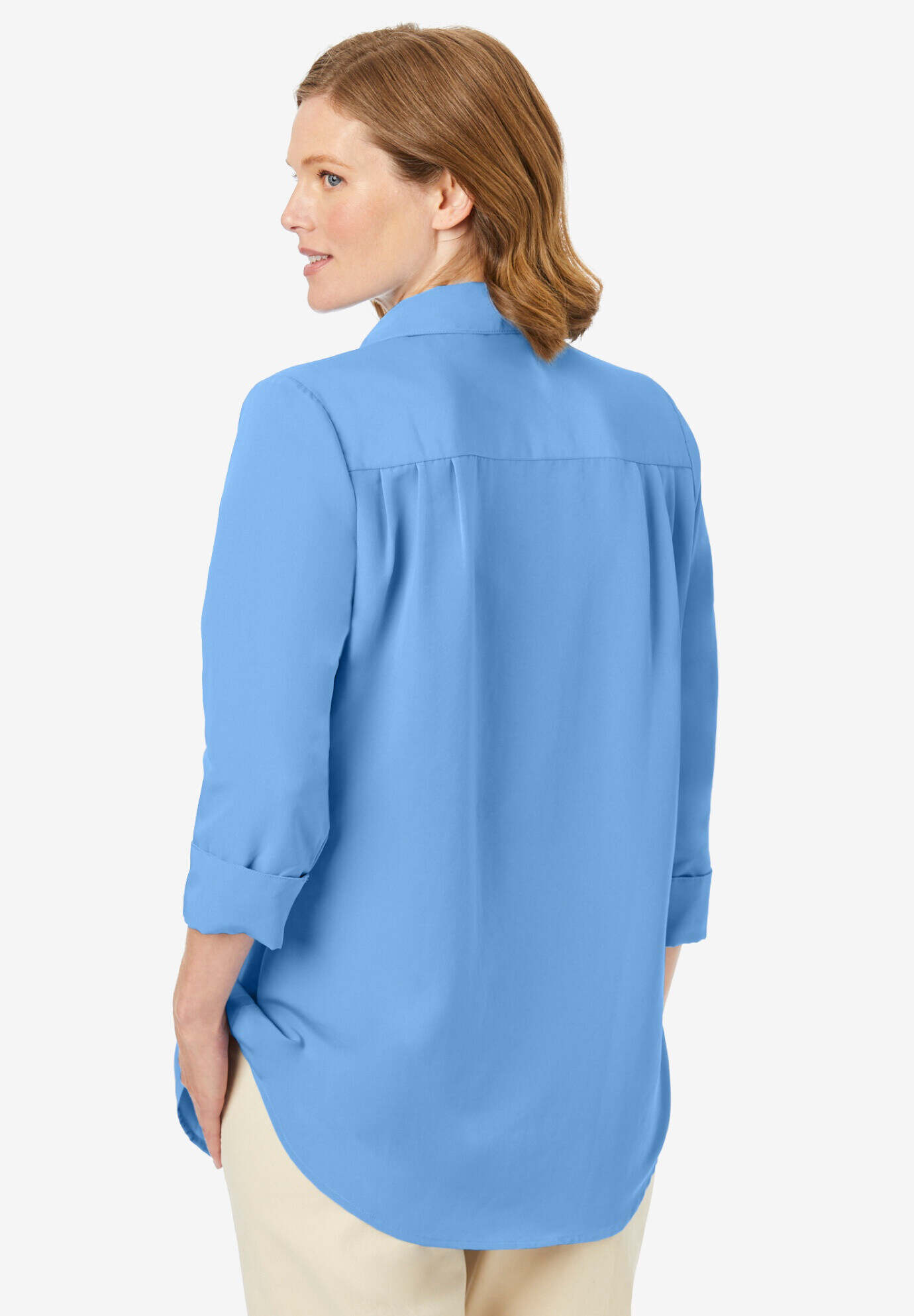 Three-Quarter Sleeve Peachskin Button Front Shirt