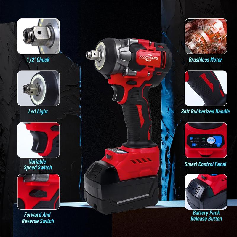 3-in-1 Cordless Brushless Impact Wrench – 450N High Torque Power Tool Perfect for Car Repair, Home DIY & Construction | Red & Black Design