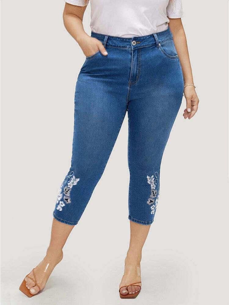 Very Stretchy High Rise Medium Wash Embroidered Cropped Jeans