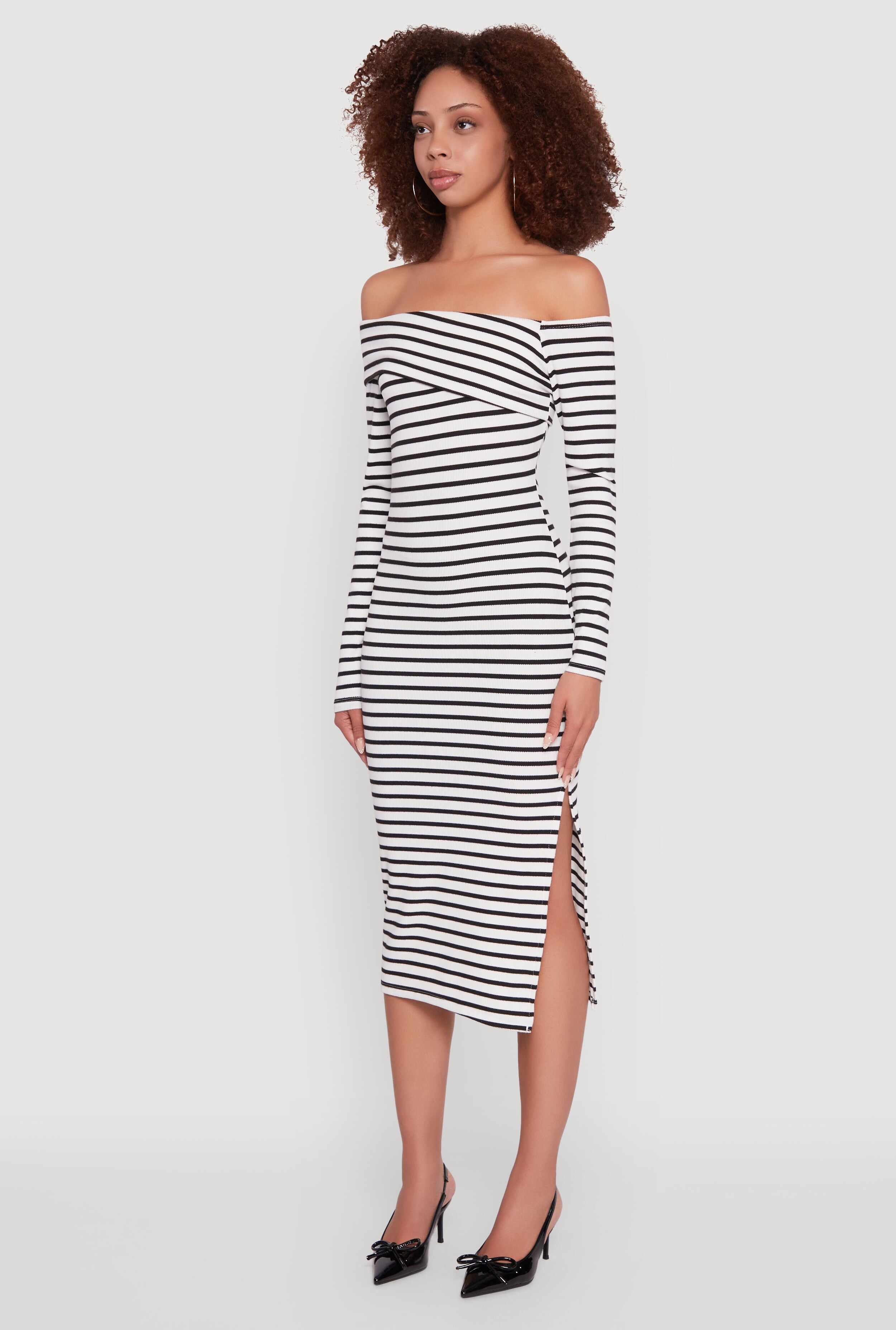 Striped Asymmetrical Fold Over Off The Shoulder Side Slit Dress