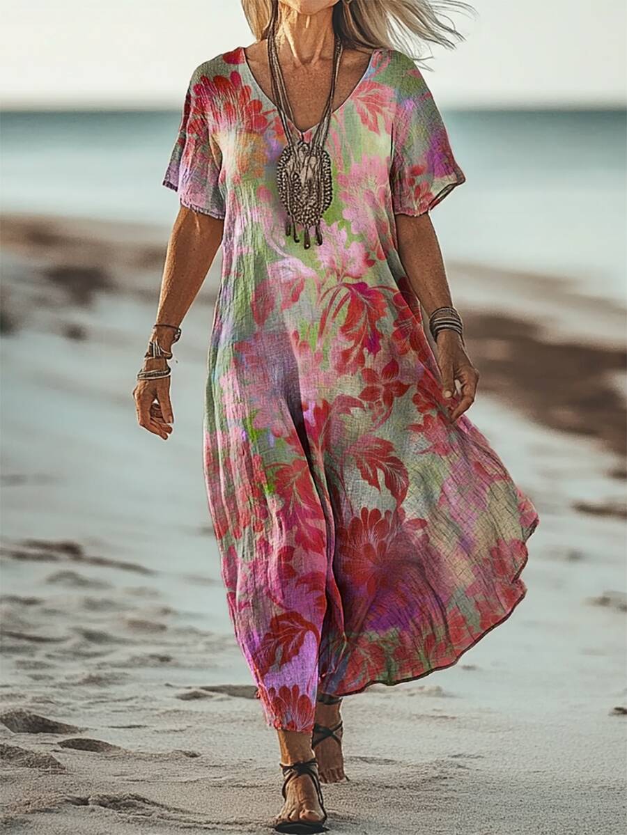 Women's Simple Retro Gradient Floral Art Print V Neck Pocket Cotton Dress