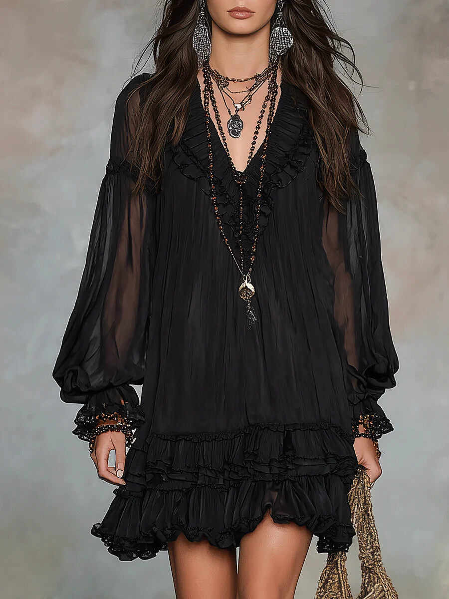 Black V-neck Lantern Sleeve Ruffled Chiffon Mini Dress