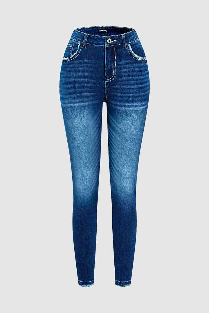 Wash Raw Hem High Rise Stretchy Skinny Jeans