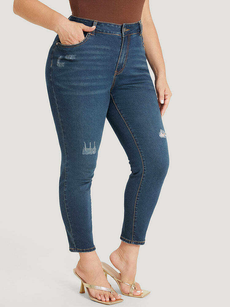 Skinny Moderately Stretchy High Rise Dark Wash Ripped Jeans