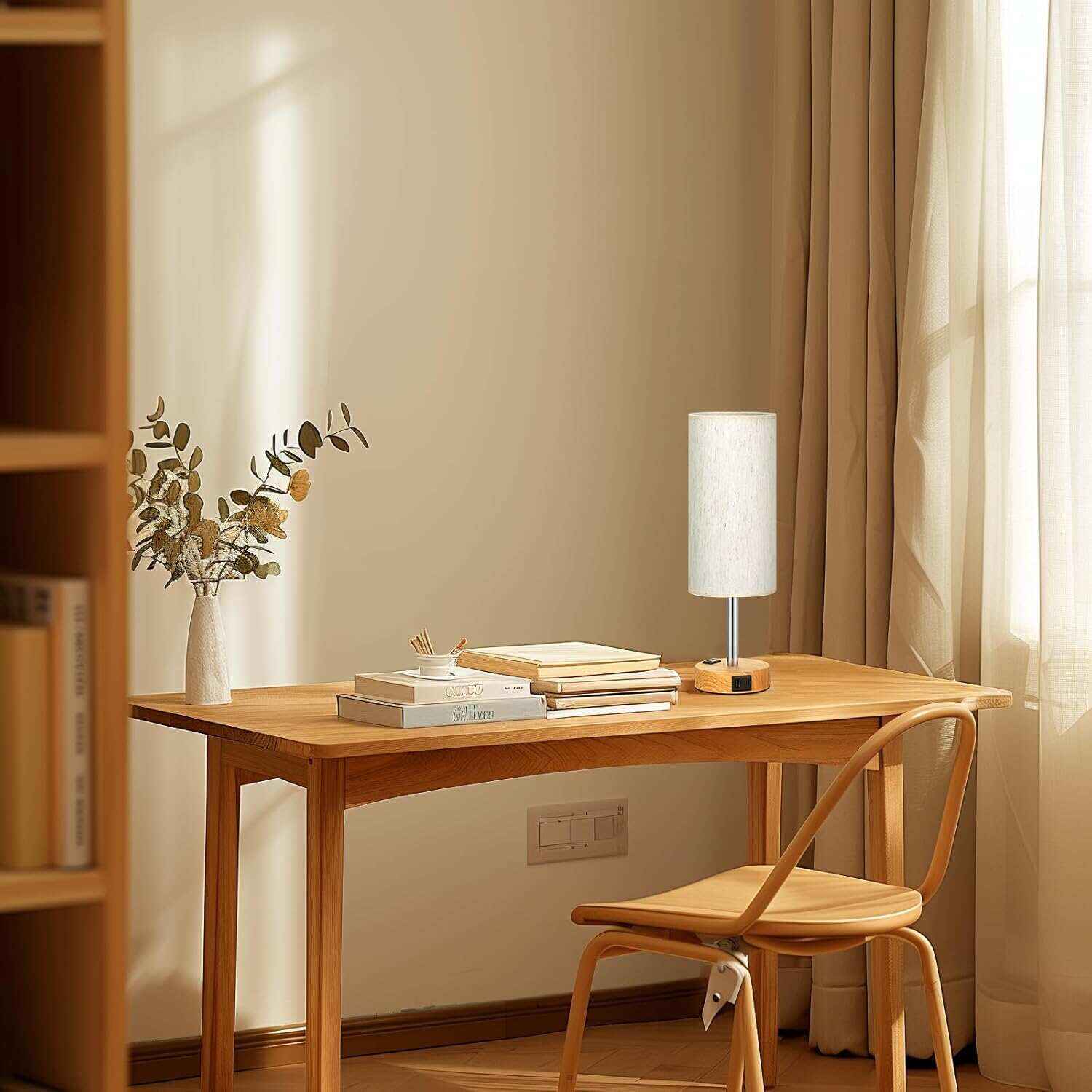 Bedside Table Lamp for Bedroom - 3 Way Dimmable Touch Lamp USB C Charging Ports and AC Outlet, Small Lamp Wood Base Round Flaxen Fabric Shade for Living Room, Desk, LED Bulb Included