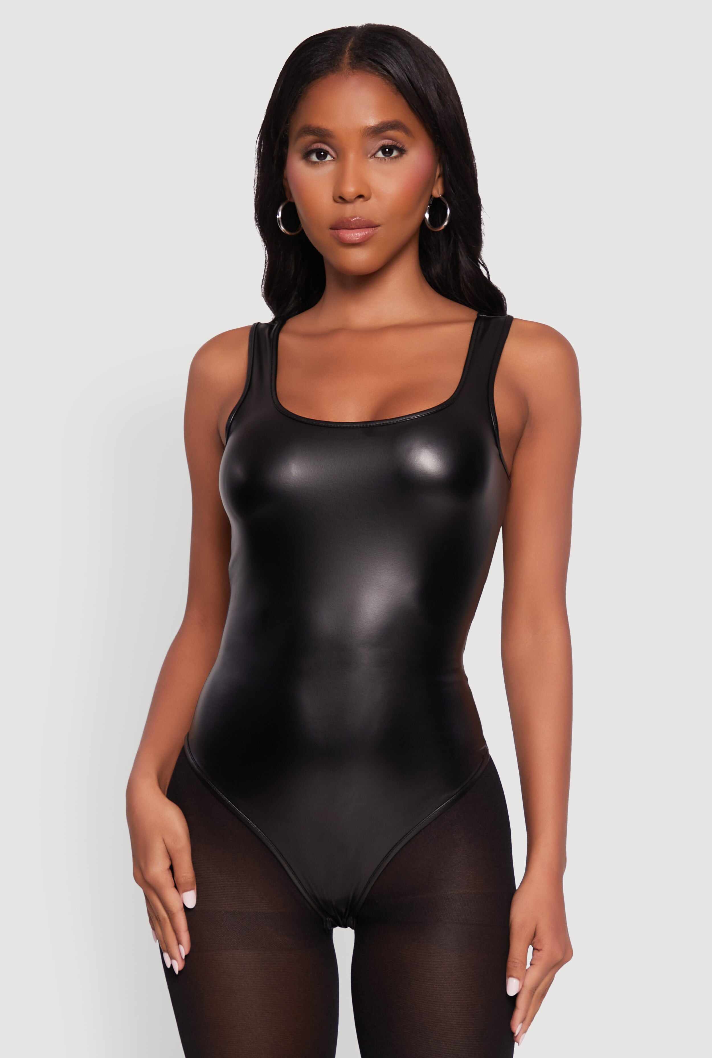 Faux Leather Sleeveless Scoop Neck Bodysuit