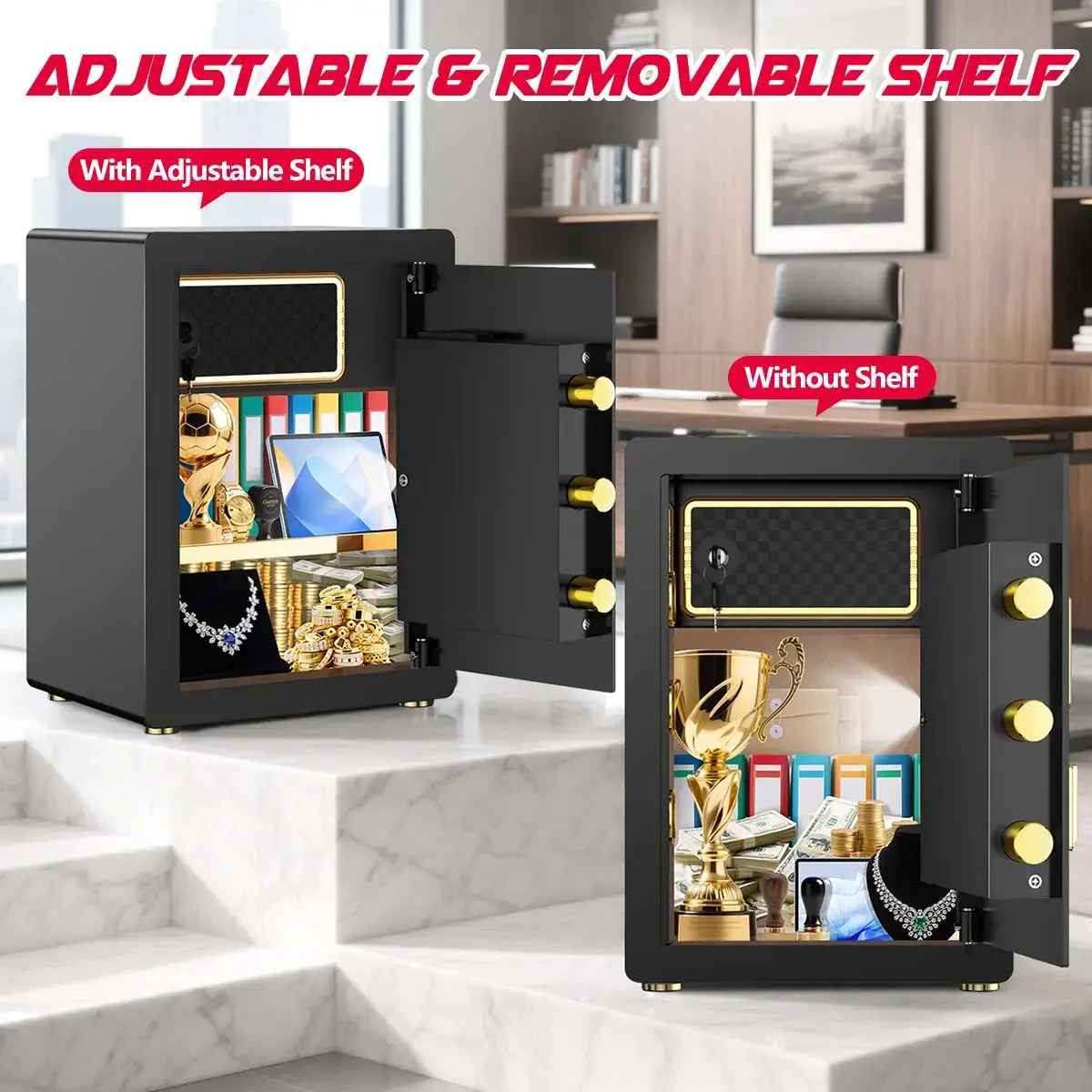 Large Safe Box, Digital Keypad Home Security Safe With Smart Alarm System & Interior Safe Lock Box, for Valuables Spy Gadgets Inner Safe Box with Fireproof Waterproof Bag, New Home Renovation Essentials,Adjustable Shelf