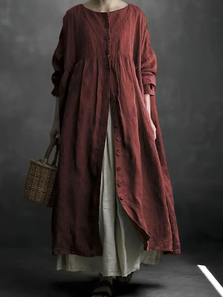🔥Summer Arrivals🌟Women's Solid Color Art Casual Long Sleeve Cotton Linen Dress