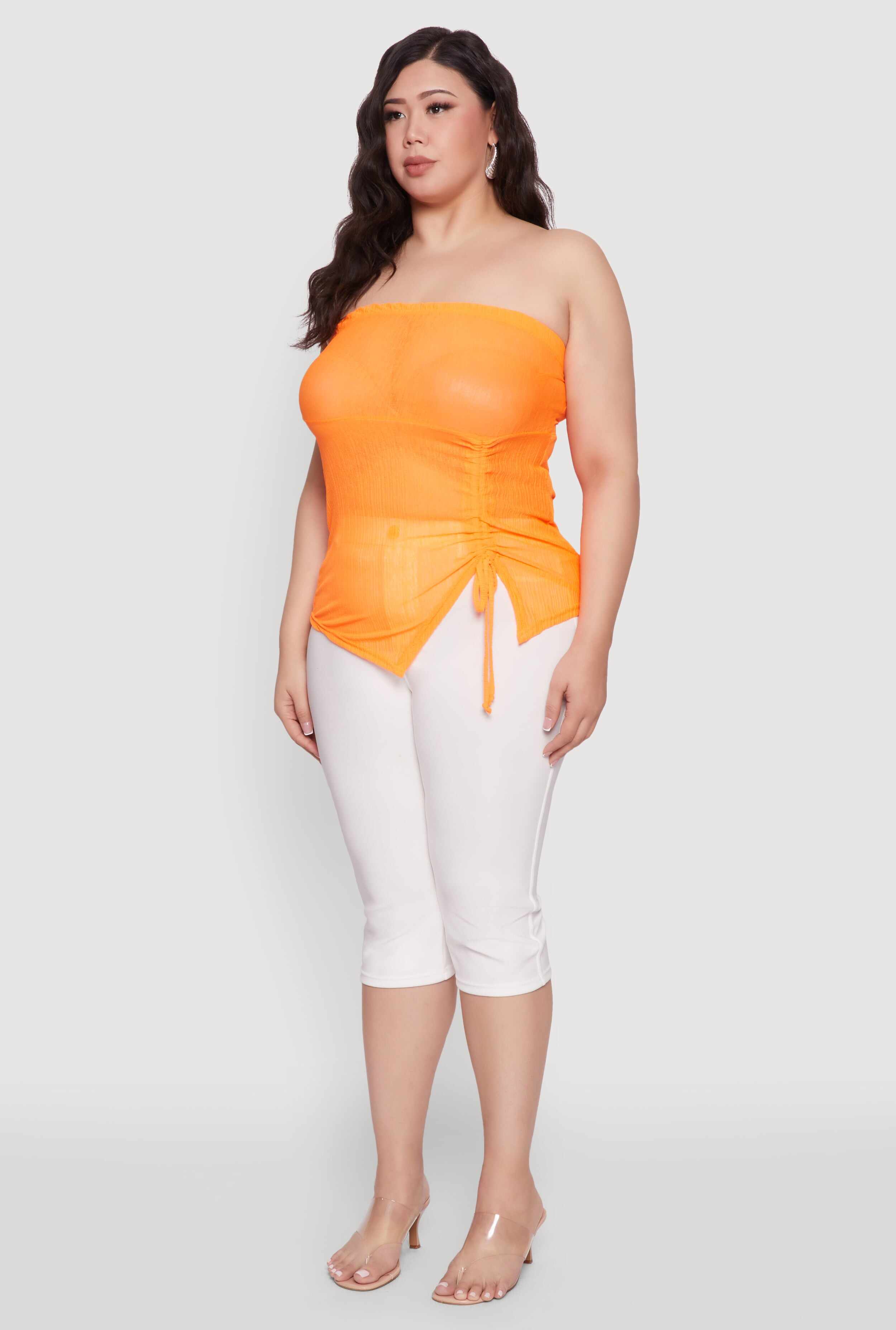 Plus Size Sheer Ruched Drawstring Tube Top