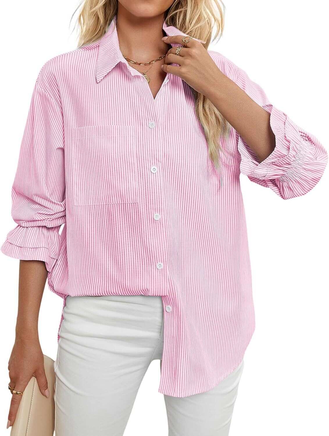 Women's Striped Button Down Shirts Smocked Cuffed Boyfriend Shirt Long Sleeve Blouse Top with 3 Pockets