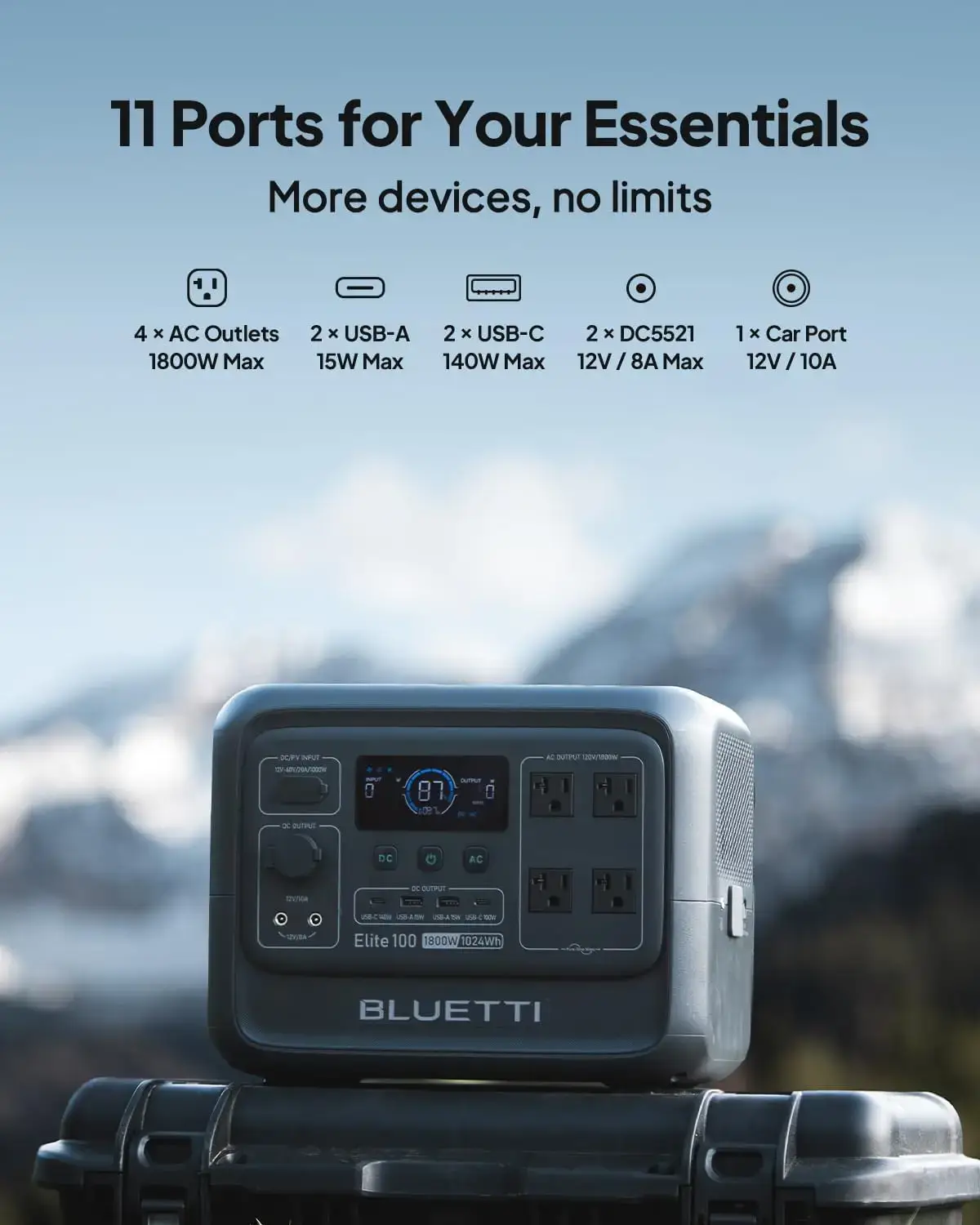 Elite 100 V2 1024Wh Portable Power Station, LiFePO4 Battery Solar Generator w/ 4 1800W AC Outlets (3600W Surge) Backup, 35% Smaller for Camping, Outages (Solar Panel Optional)