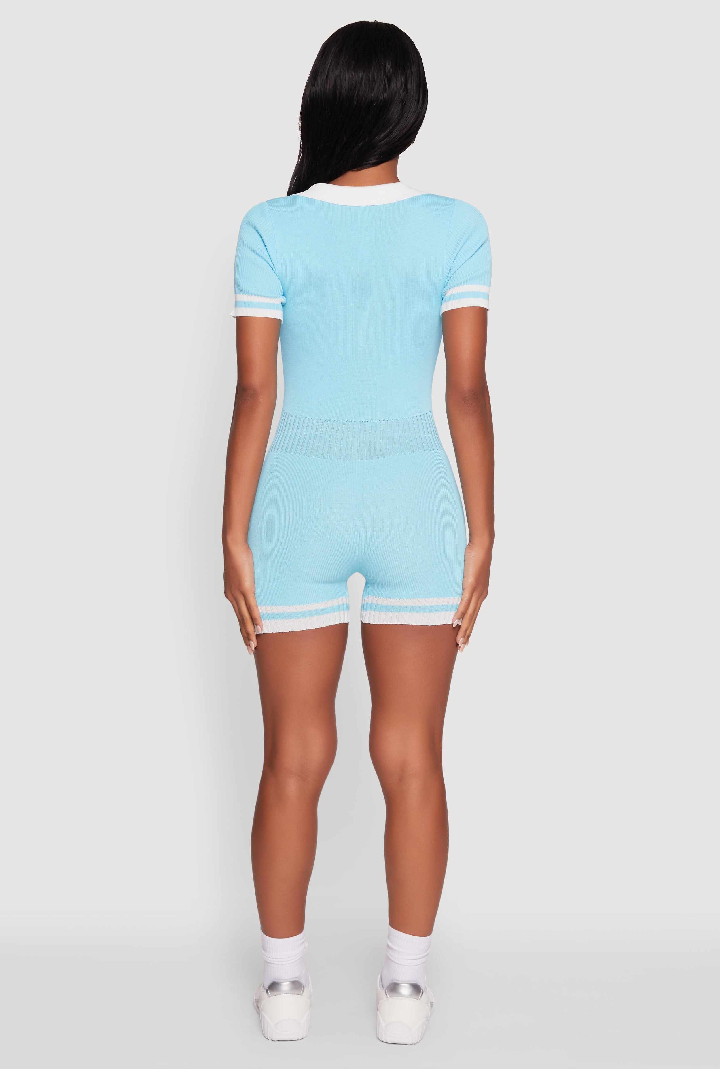 Daisy Ribbed Knit Varsity Stripe Button Front Romper