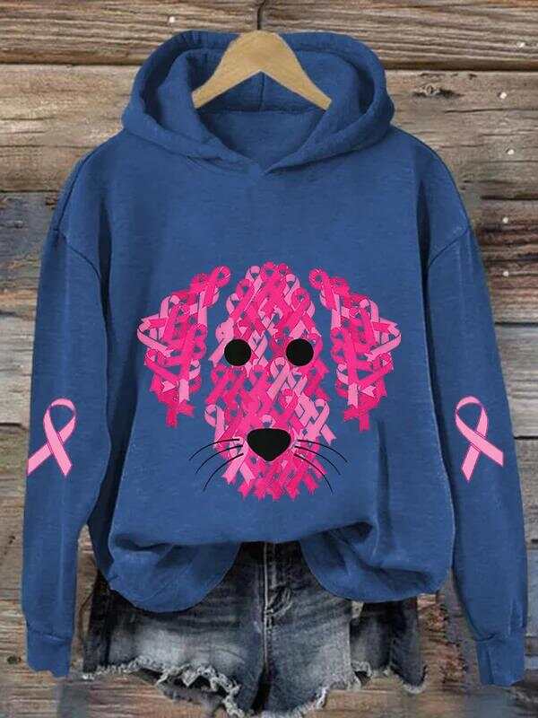 Women's Pink Ribbon Dog Breast Cancer Awareness Print Casual Sweatshirt