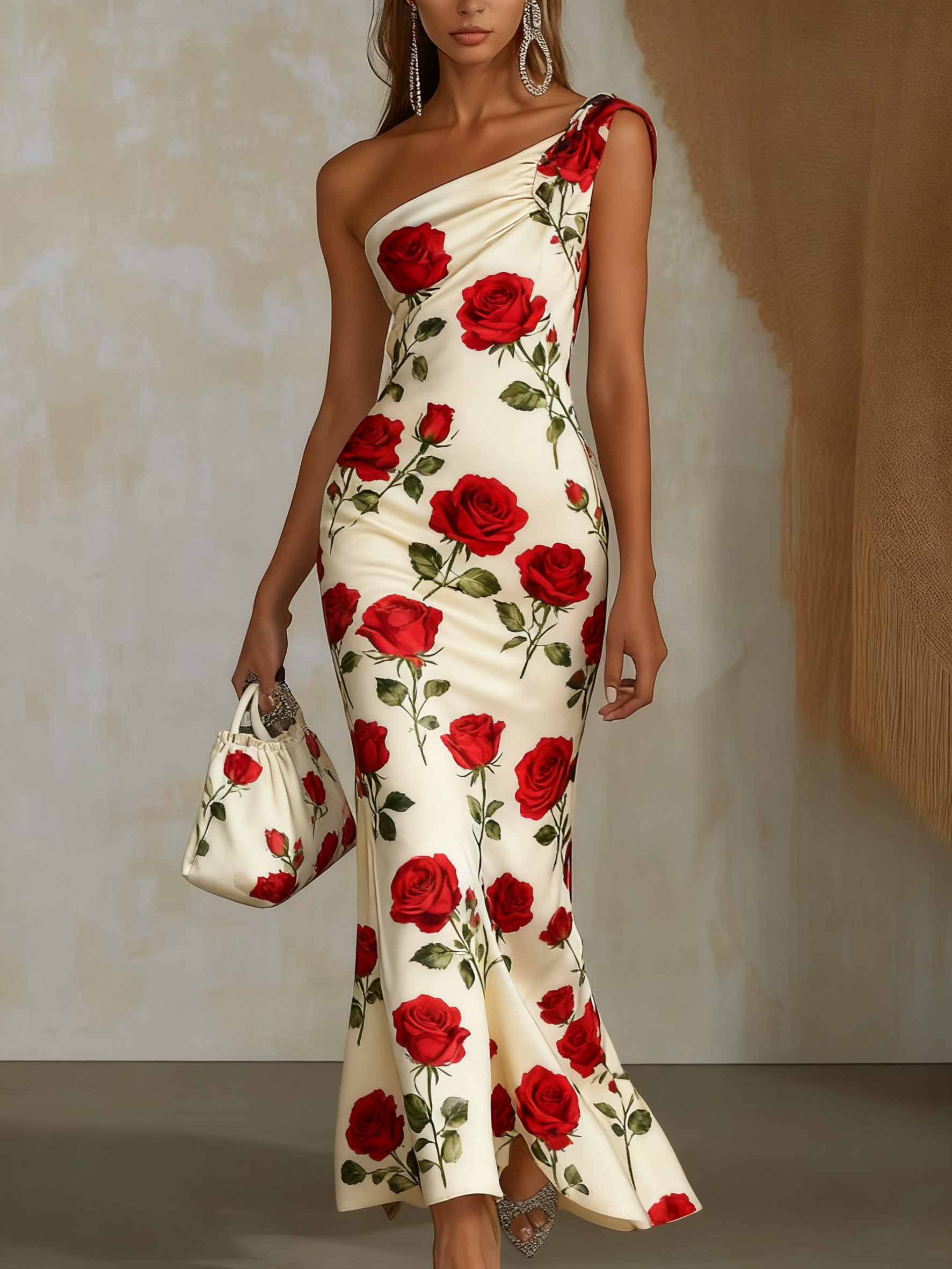 One shoulder print satin maxi dress