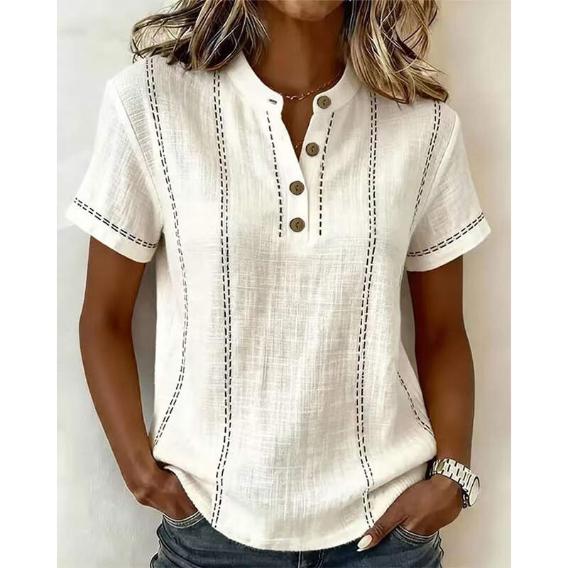 Casual Short-Sleeve Striped Stand Collar Panel Shirt