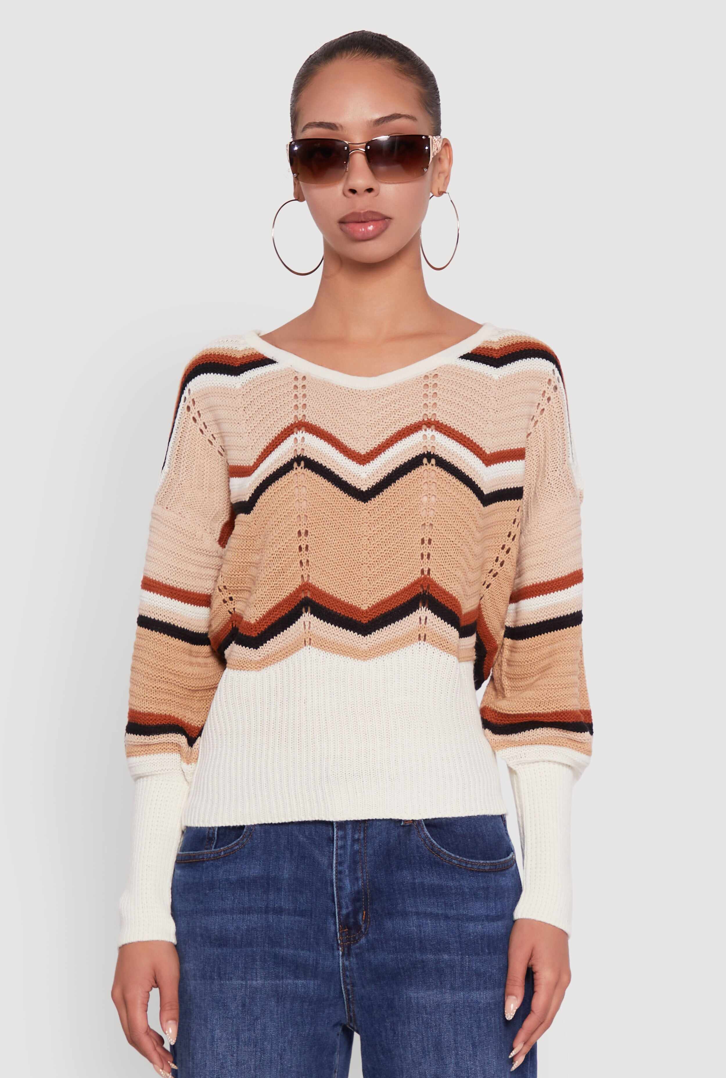 Crochet Chevron Caged Back V-Neck Sweater