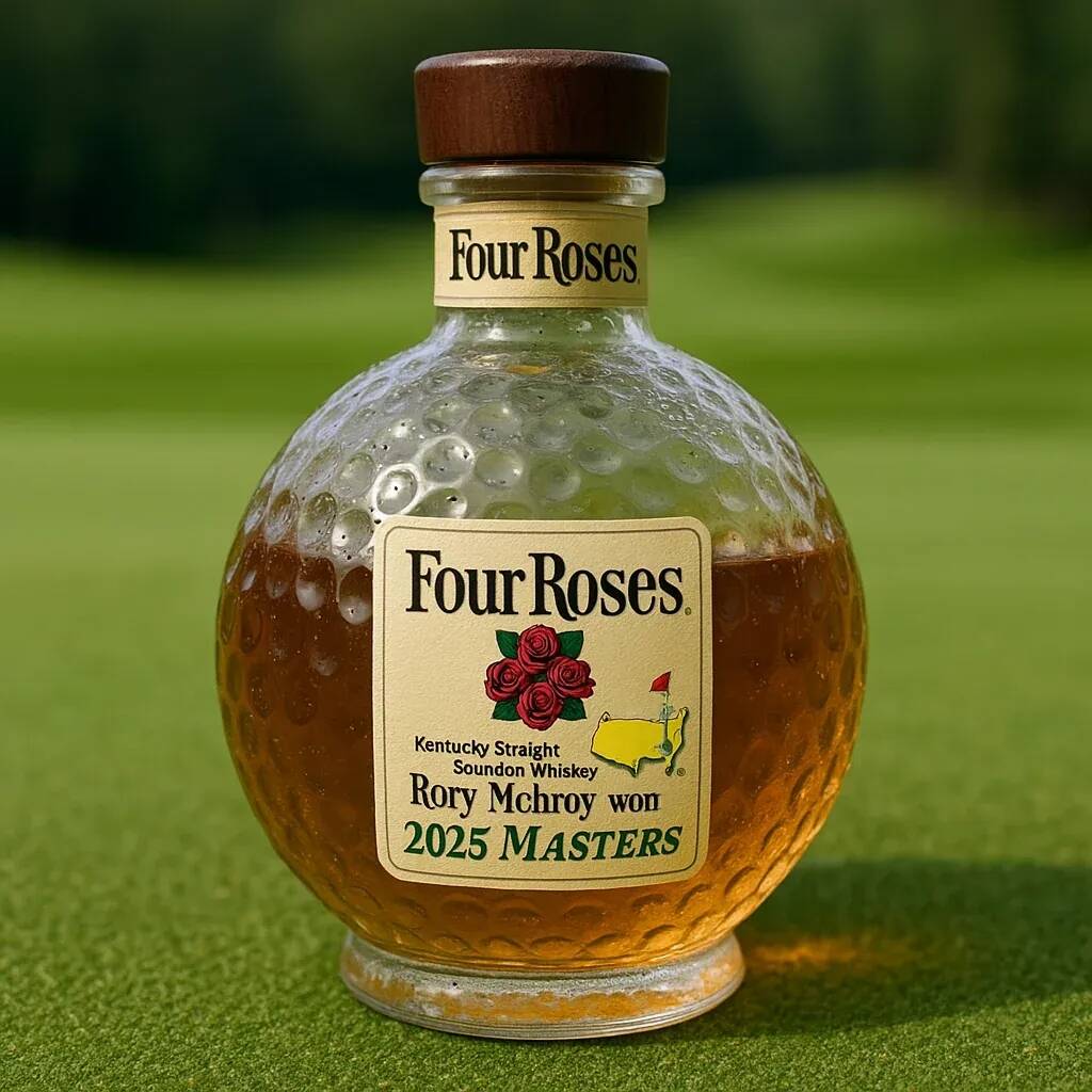 Golf whisky bottle commemorating Rory McIlroy's 2025 Masters victory