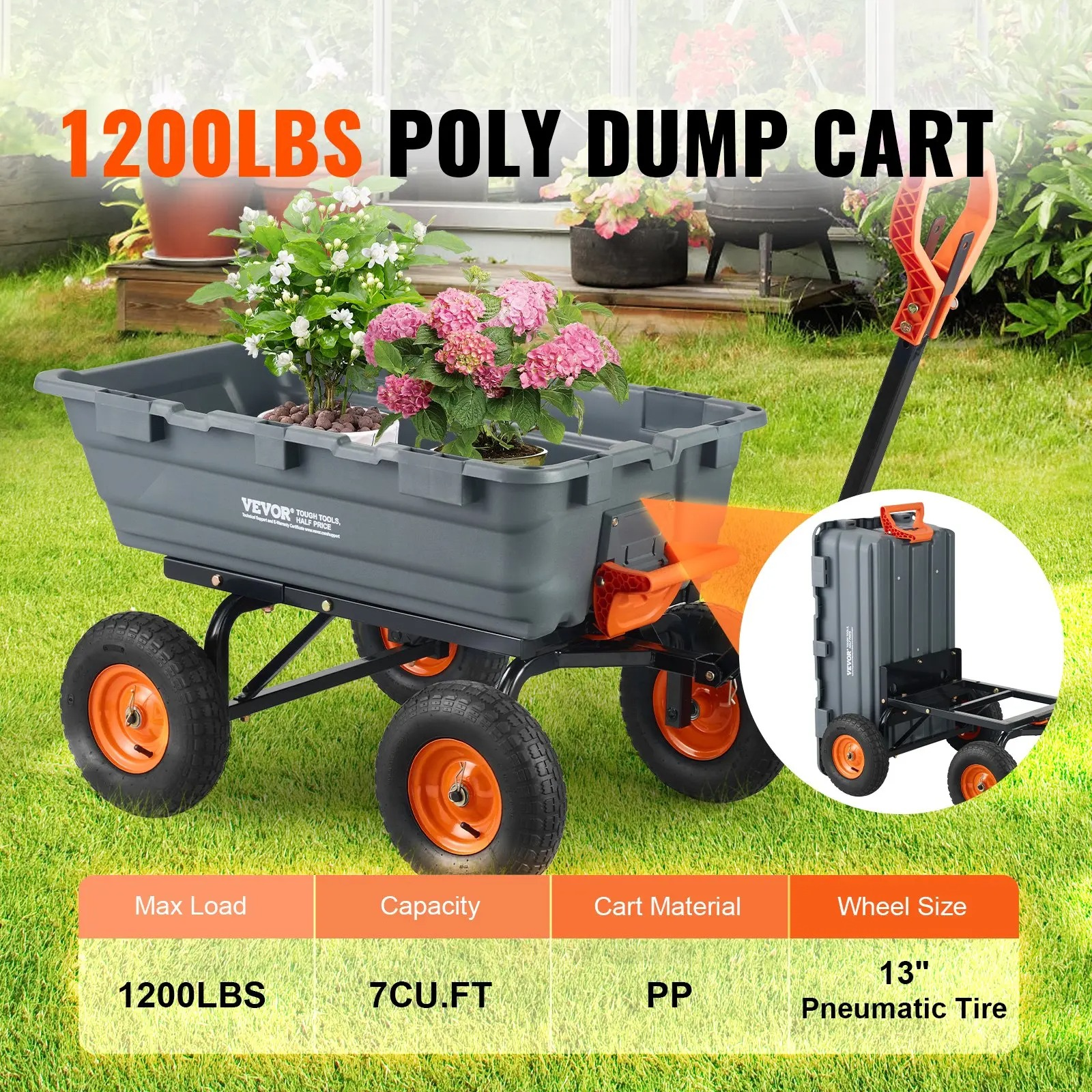 Poly Garden Dump Cart with Easy to Assemble Steel Frame, 2-in-1 Convertible Handle, 13 Inch Tires, Max Capacity 1500 lbs, Utility Wheelbarrow Productivity Yard