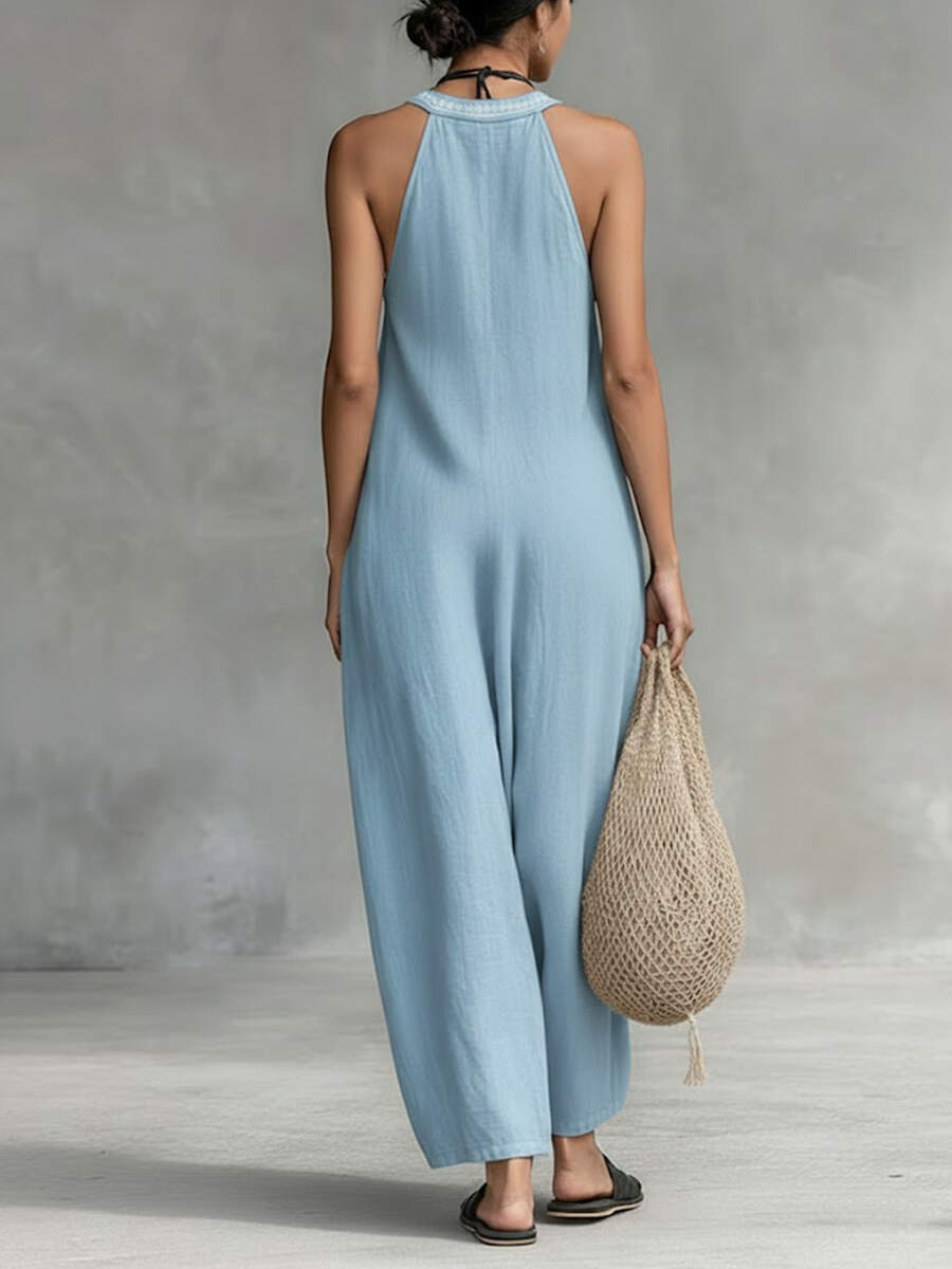 🔥Summer Arrivals🌟Women's Solid Color V-Neck Halter Neck Sleeveless Casual Loose Cotton Linen Wide-Leg Jumpsuit