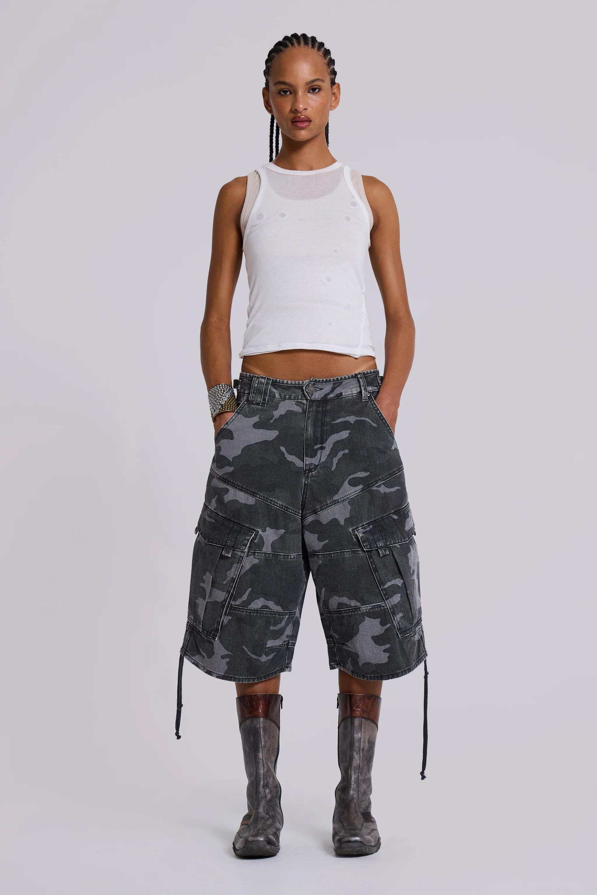 Washed Black Cadet Camo Baggy Shorts