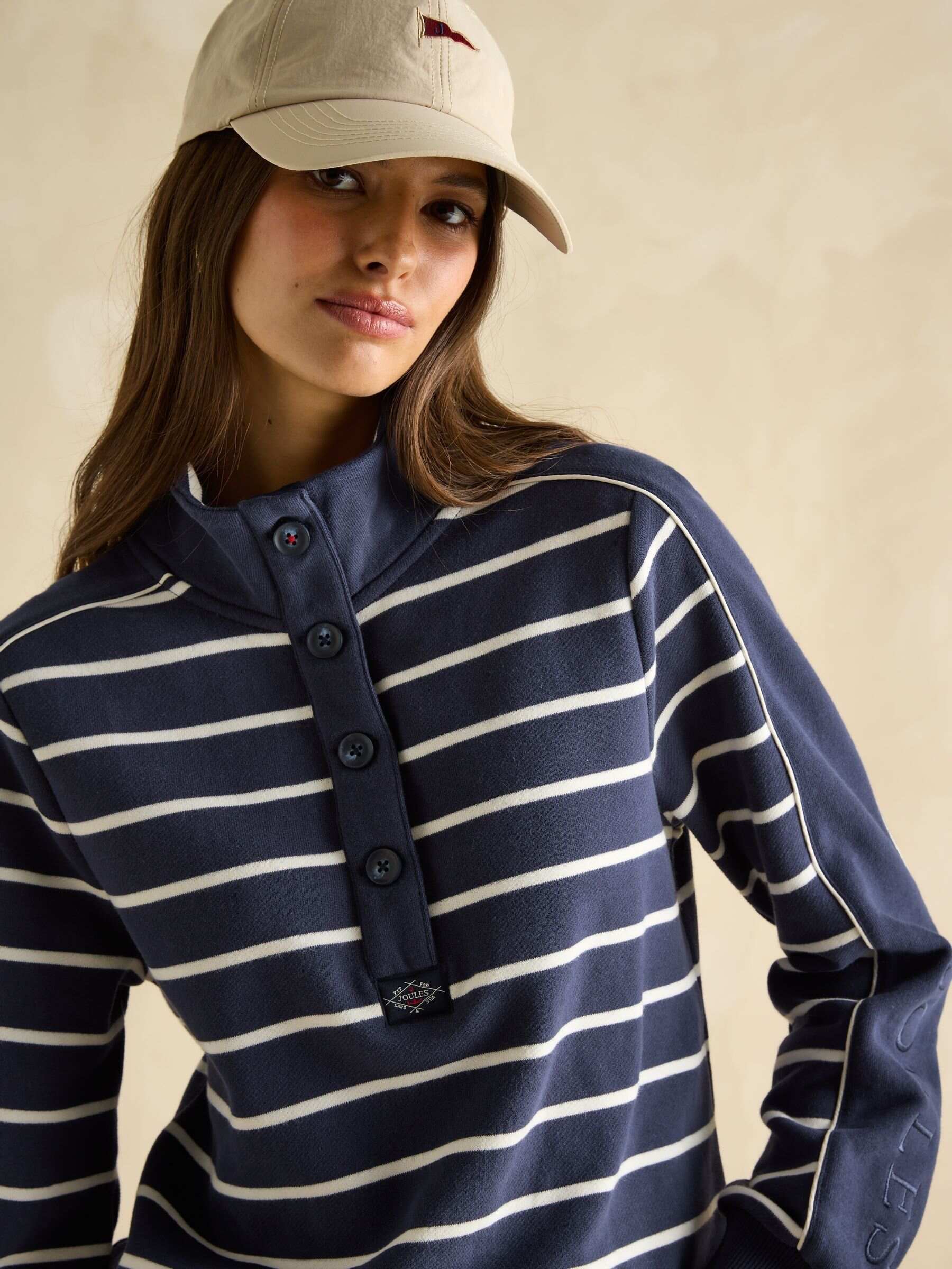 Southwold Navy Blue & Cream Cotton Button Down Striped Sweatshirt