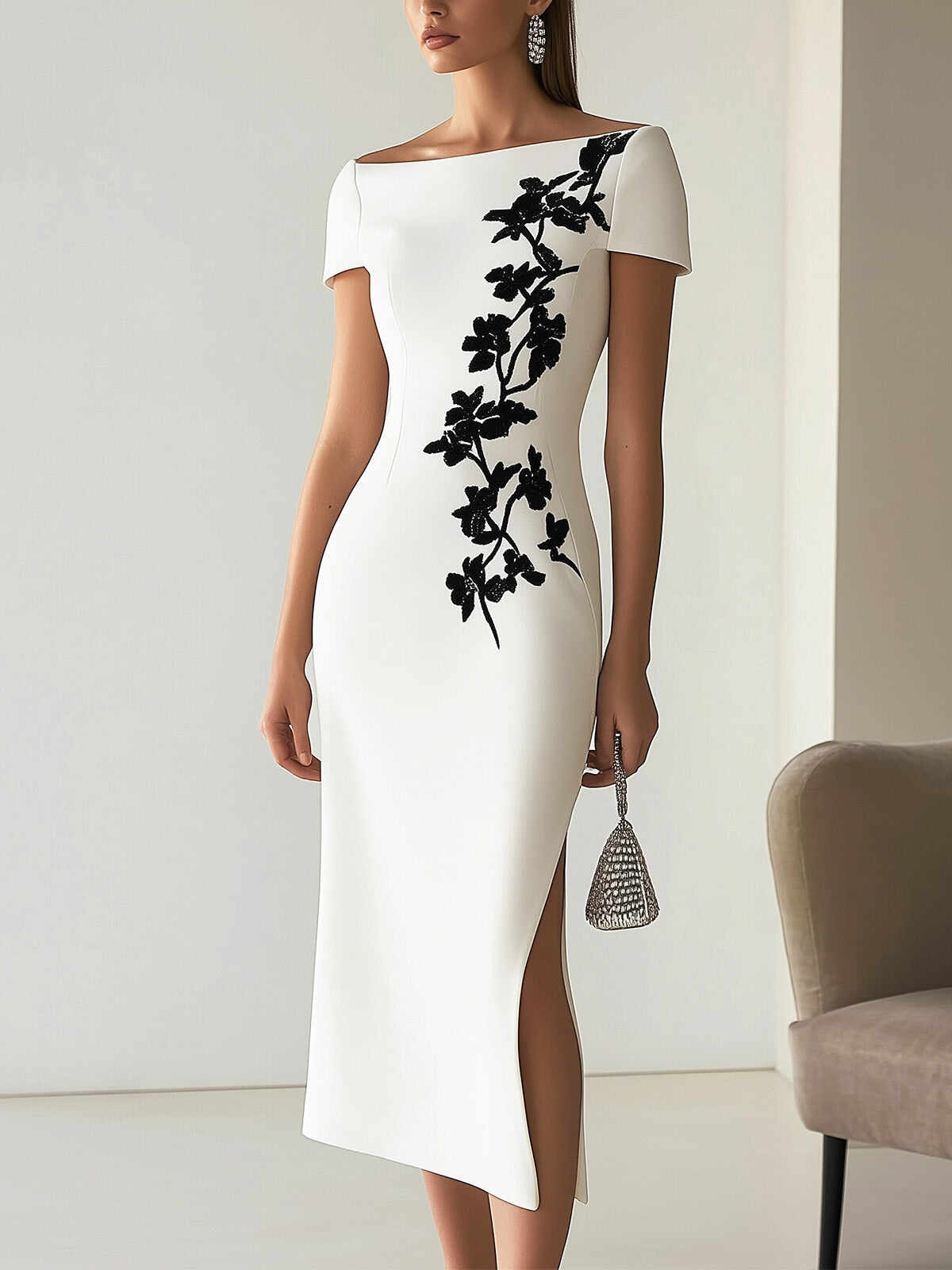 Chic Boatneck Dress with Asymmetrical Floral Print