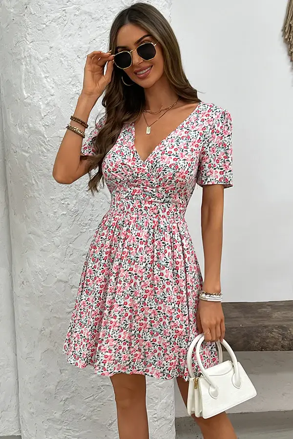 Fashion V Neck Floral Print Casual Dress