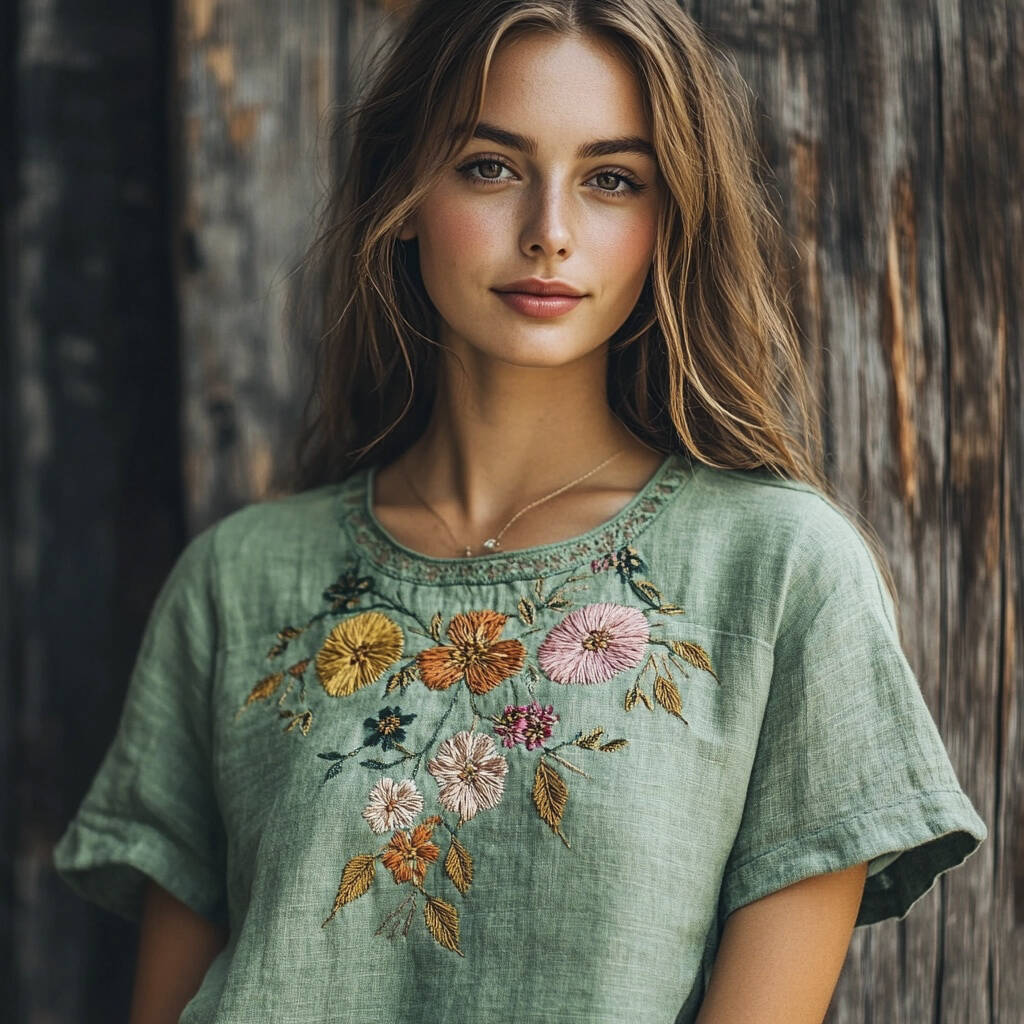 Boho Ethnic Floral Embroidery Women's Linen T-shirt