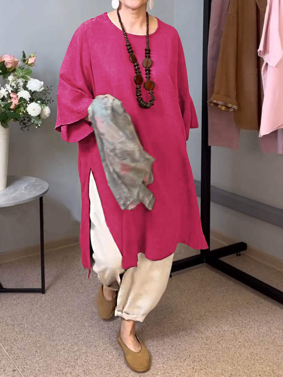 🔥Summer Arrivals🌟Women's Solid Color Round Neck 3/4 Sleeves Casual Linen Slit Long Top