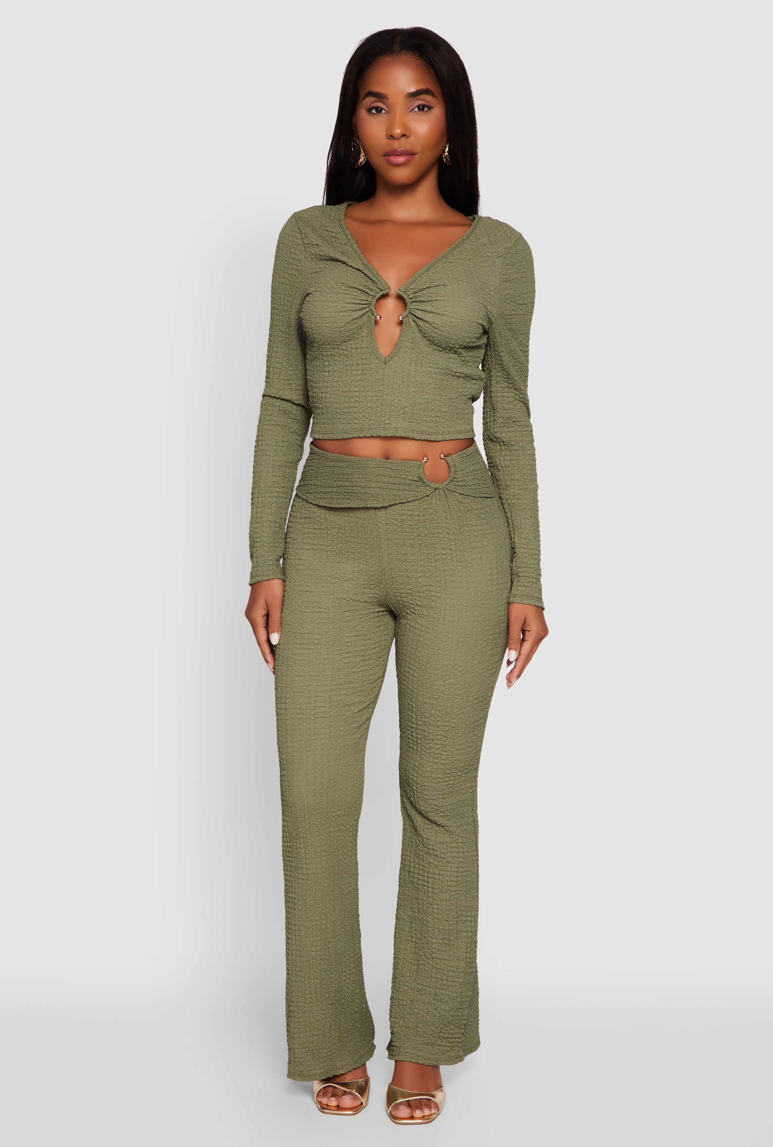 Metallic O-Ring Keyhole Belted Front Flare Pants