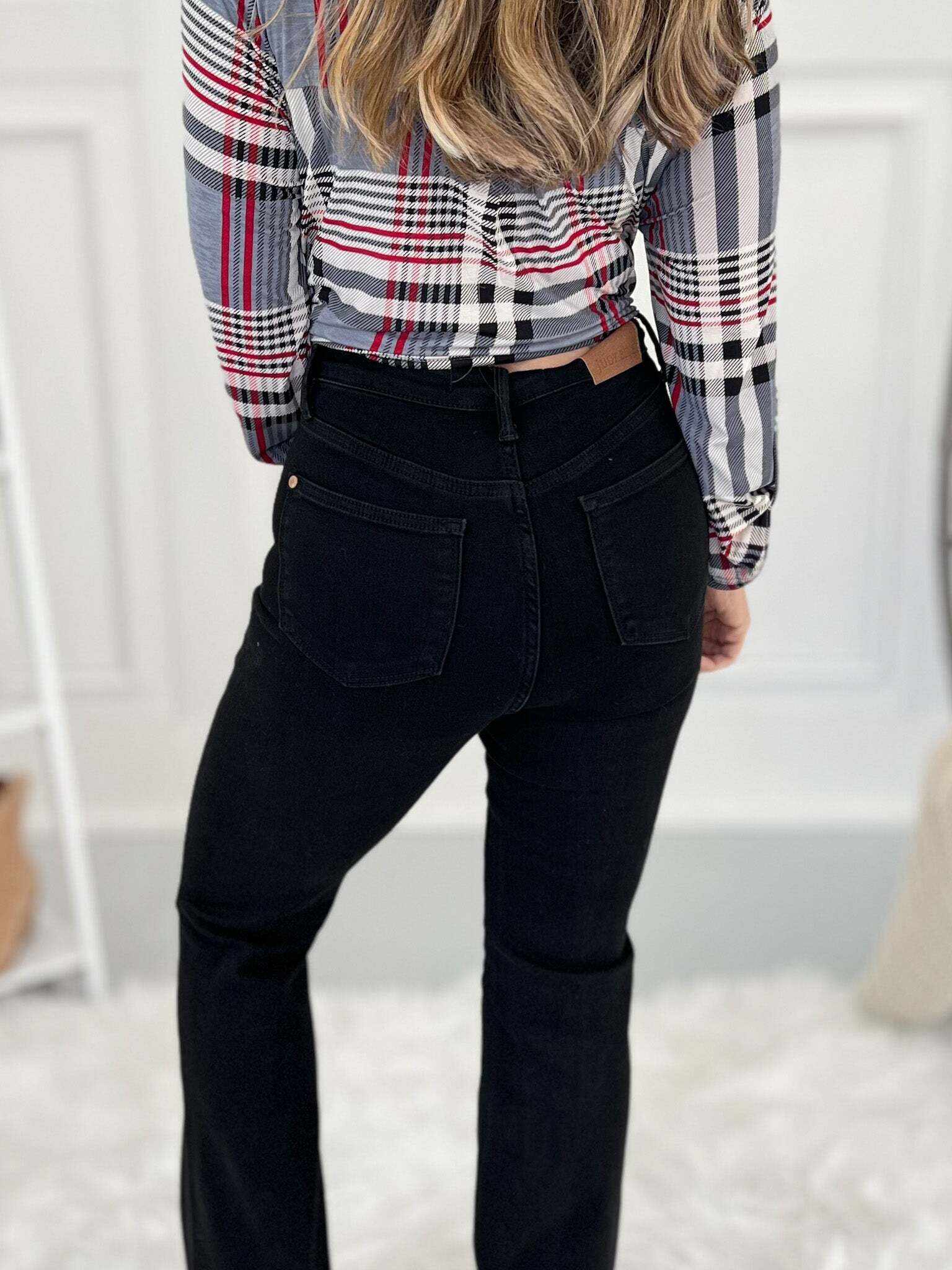 Christmas Tummy Control Cut Hem Flare Jeans- Final Sale