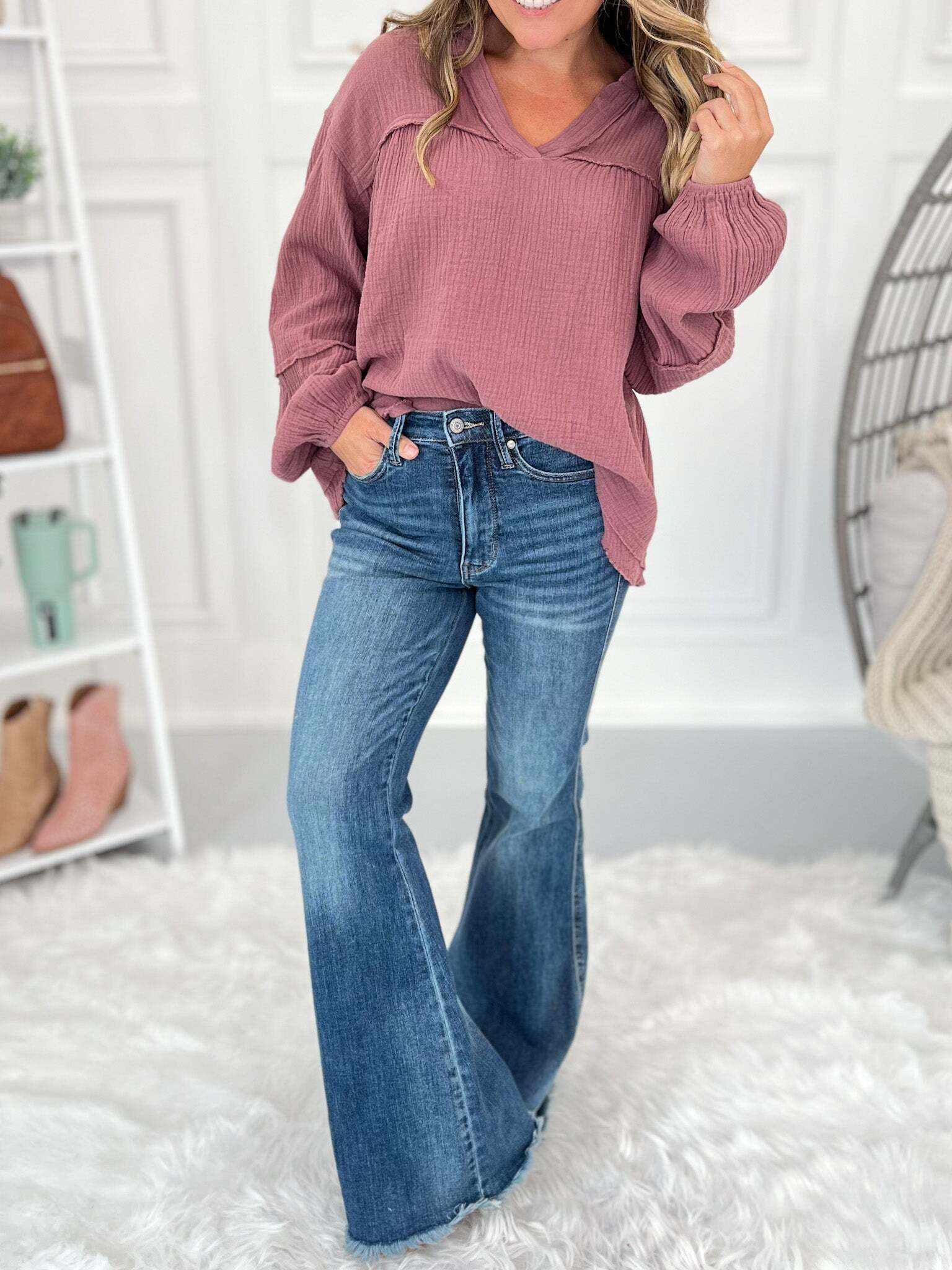 Christmas Tummy Control Fray Hem Flare Jeans- Final Sale