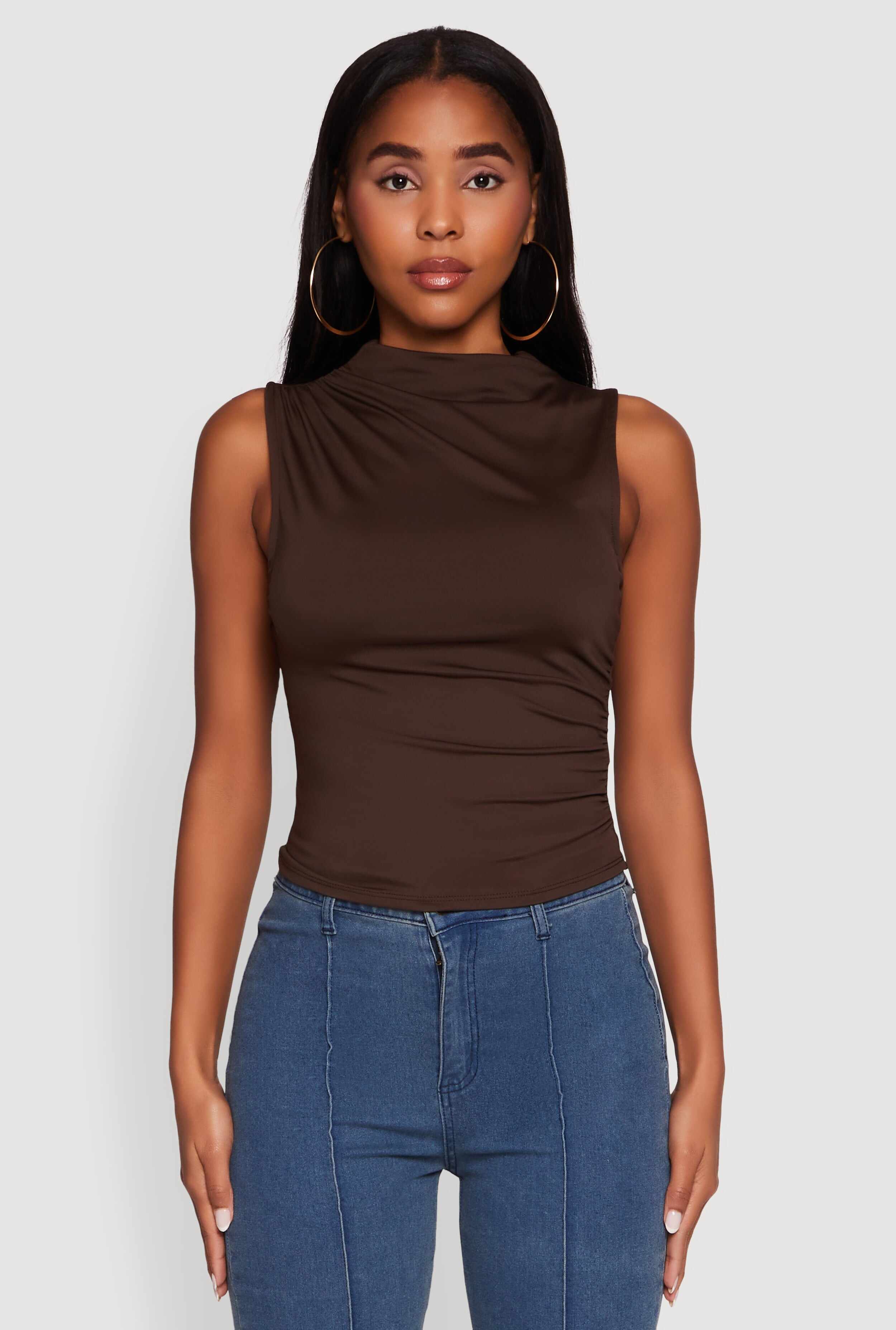 Madden Girl Sleeveless Classic Fit Solid Funnel Neck Top