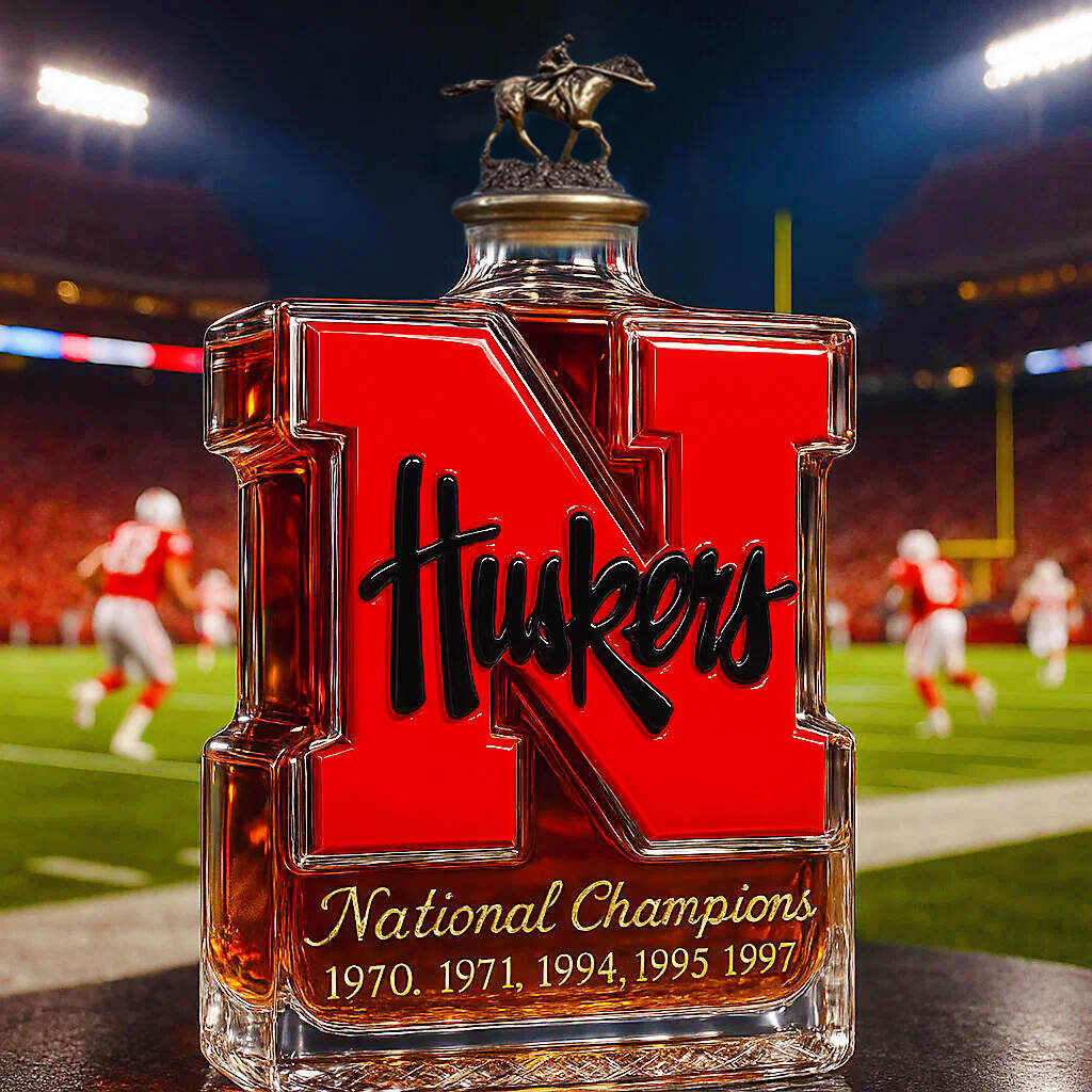 Nebraska Cornhuskers 5-Time National Champions Whiskey Bottle