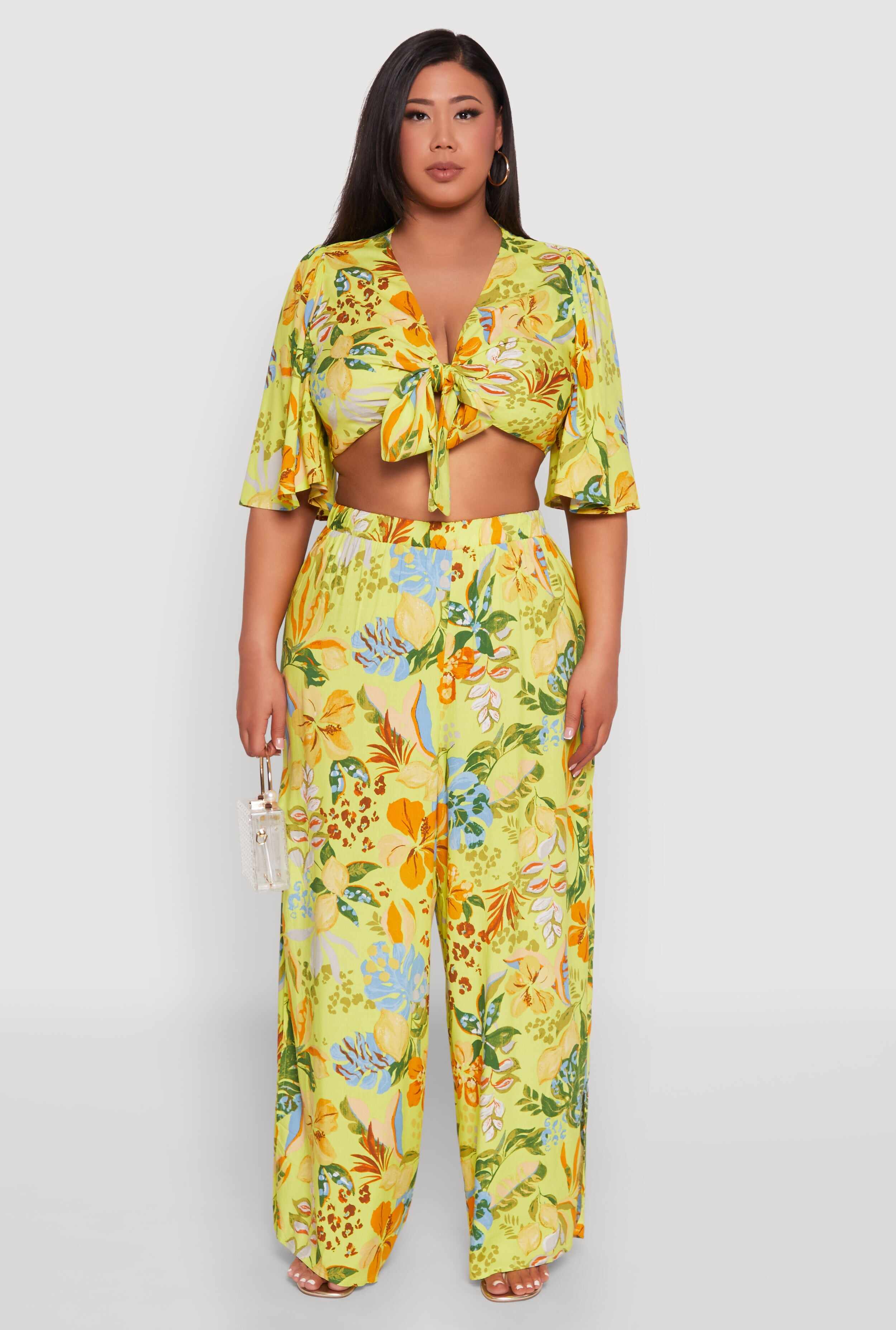 Plus Size Tropical Floral Tie Front Crop Top