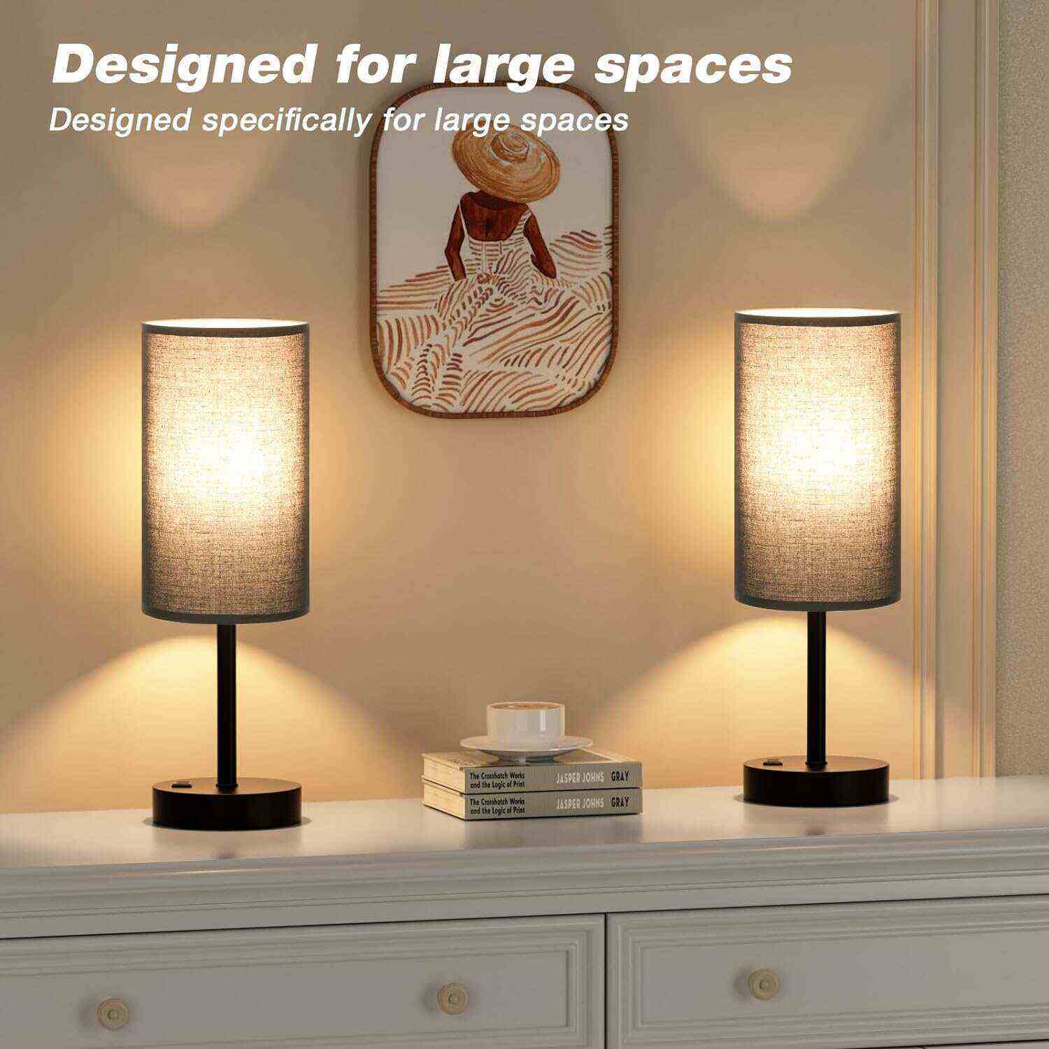 Bedside Table Lamp for Bedroom - 3 Way Dimmable Touch Lamp USB C Charging Ports and AC Outlet, Small Lamp Wood Base Round Flaxen Fabric Shade for Living Room, Desk, LED Bulb Included