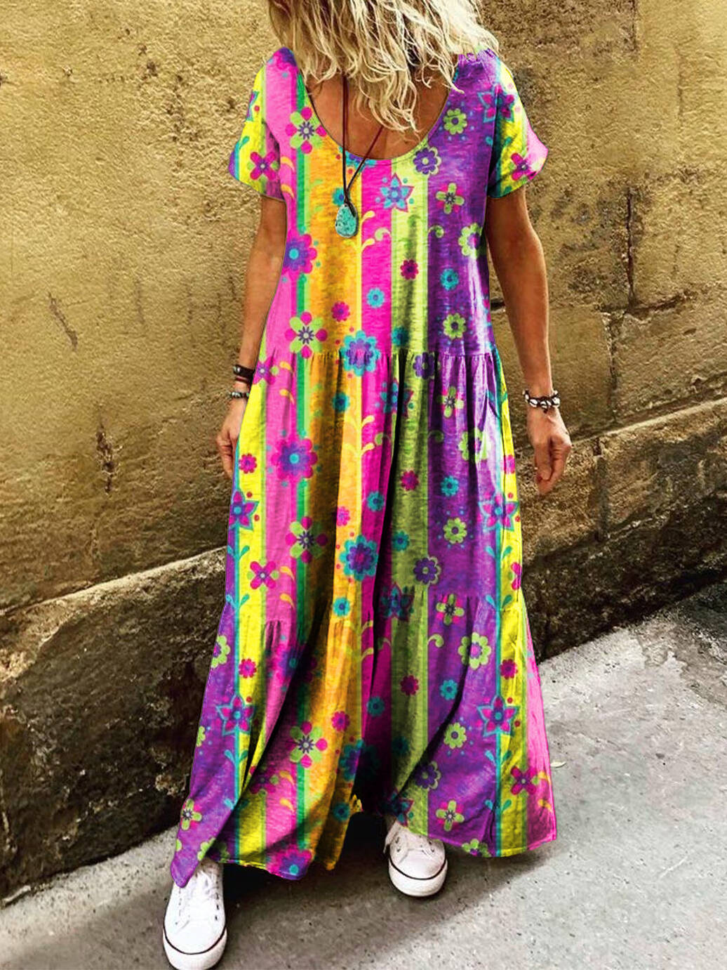 Women's Bohemian Floral Collage Art Print Pocket Short Sleeve Cotton Dress