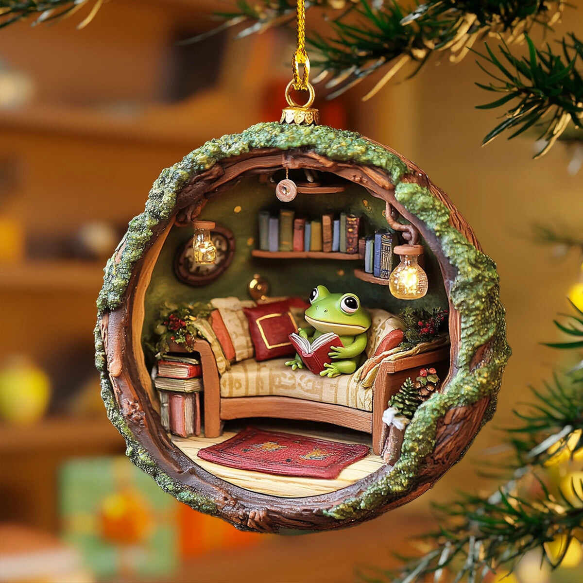 Cozy Frog Reading Nook Ornament