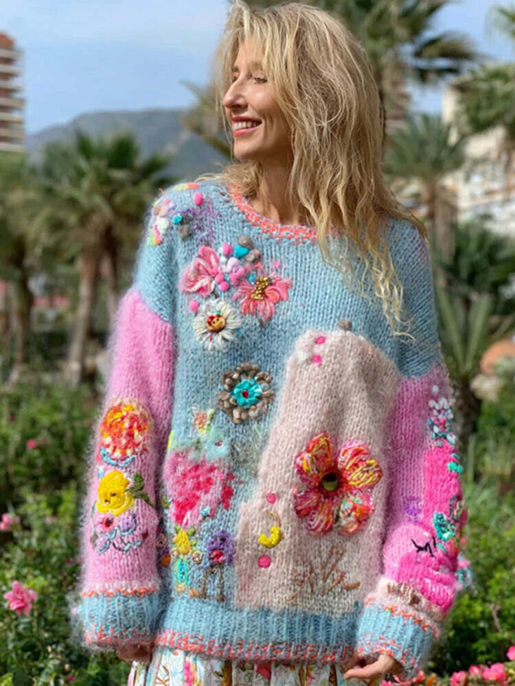 Women's Floral Embroidery Patchwork Art Pullover Knit Sweater